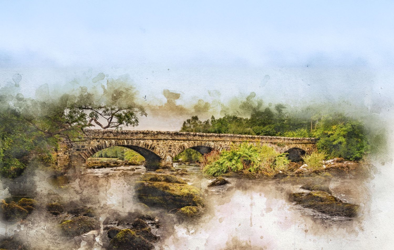 Watercolor painting of an ancient stone arch bridge surrounded by lush greenery and misty landscape.