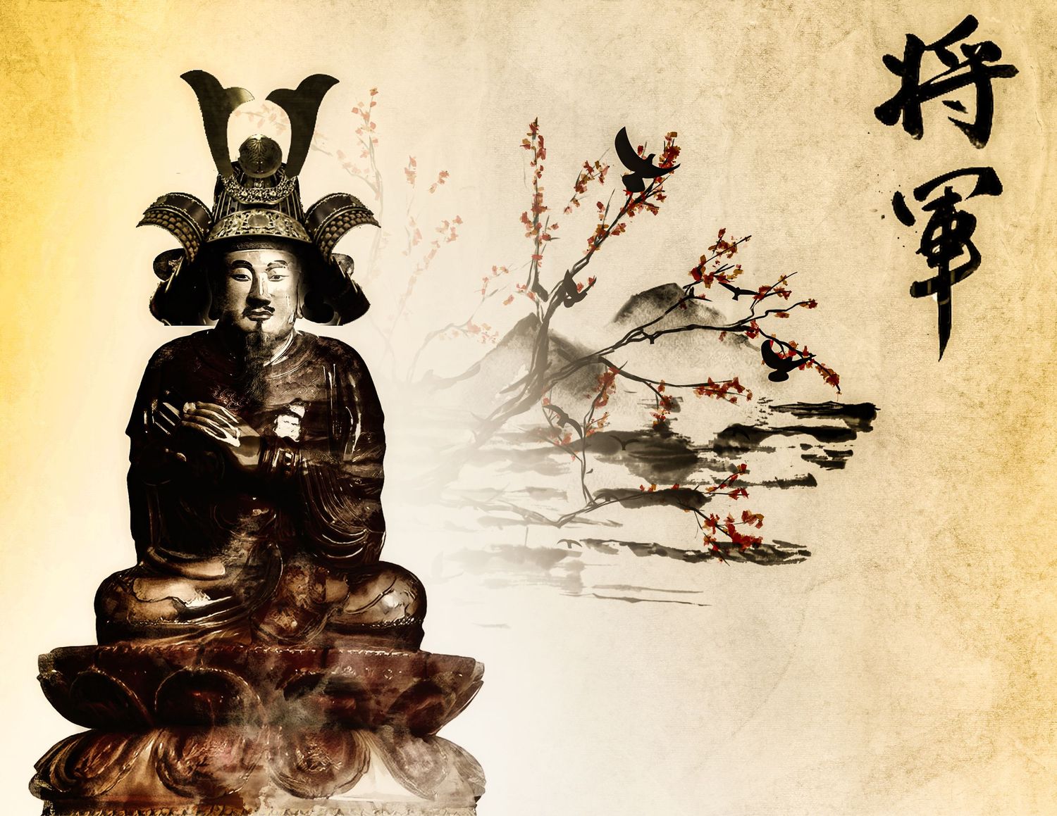Vintage samurai statue with Japanese calligraphy and cherry blossom ink painting on aged parchment background.