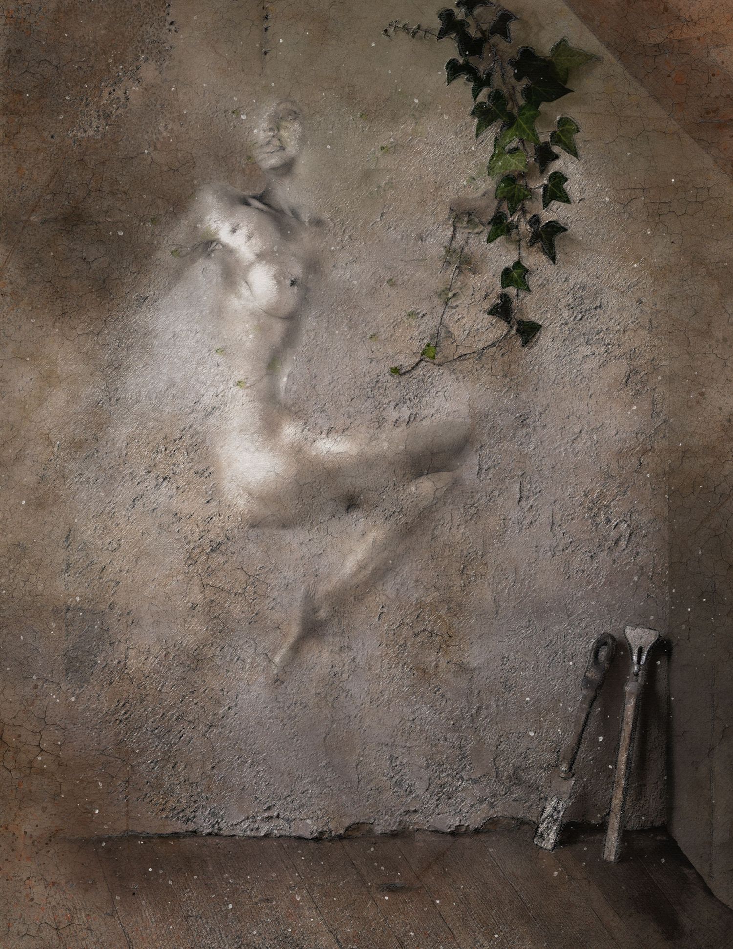 Ghostly translucent figure emerges from weathered concrete wall beside ivy vine and rustic tools in artistic composition.