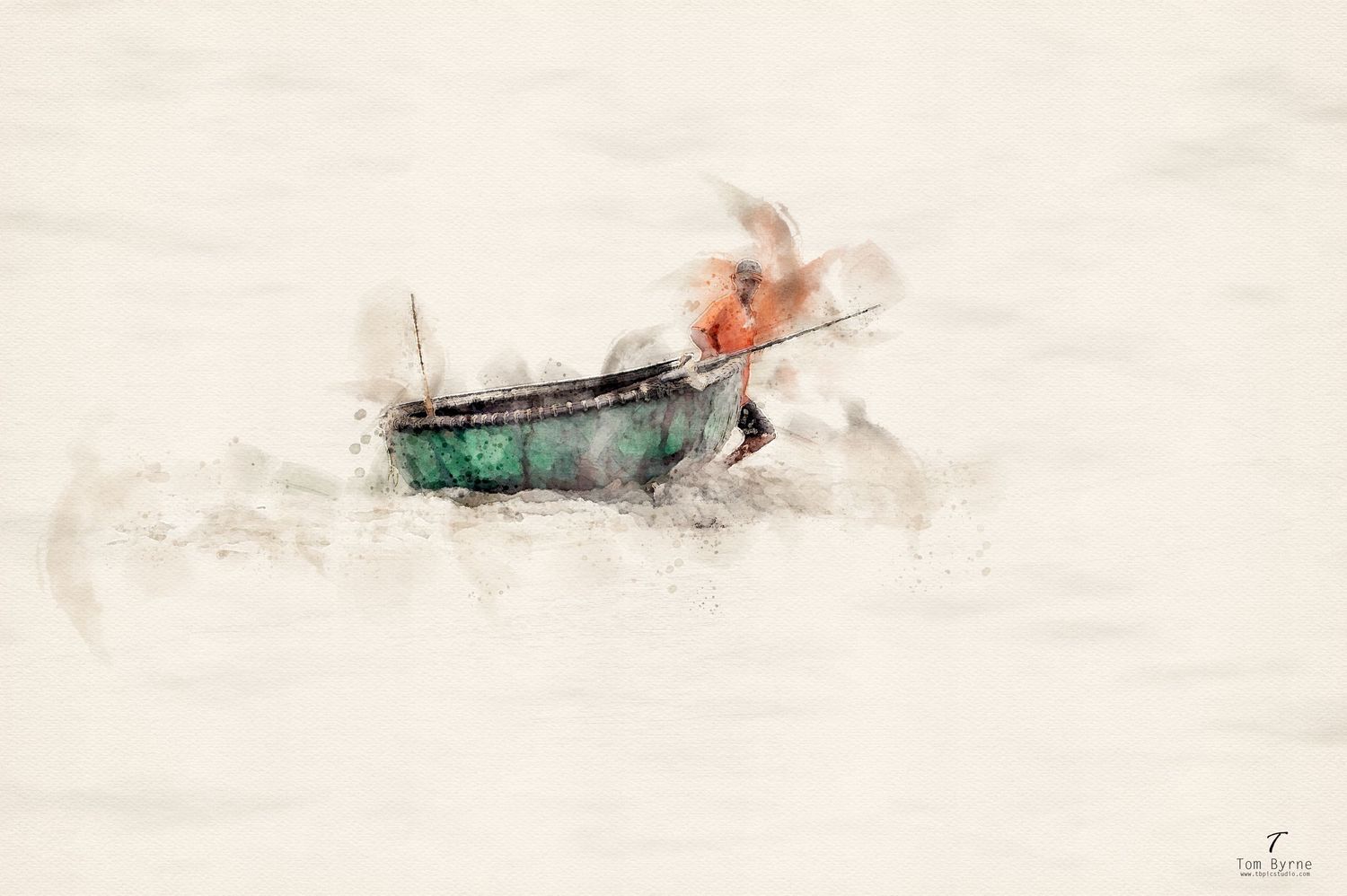 A lone fisherman rows a small green boat through misty waters in a dreamy, watercolor-style painting.
