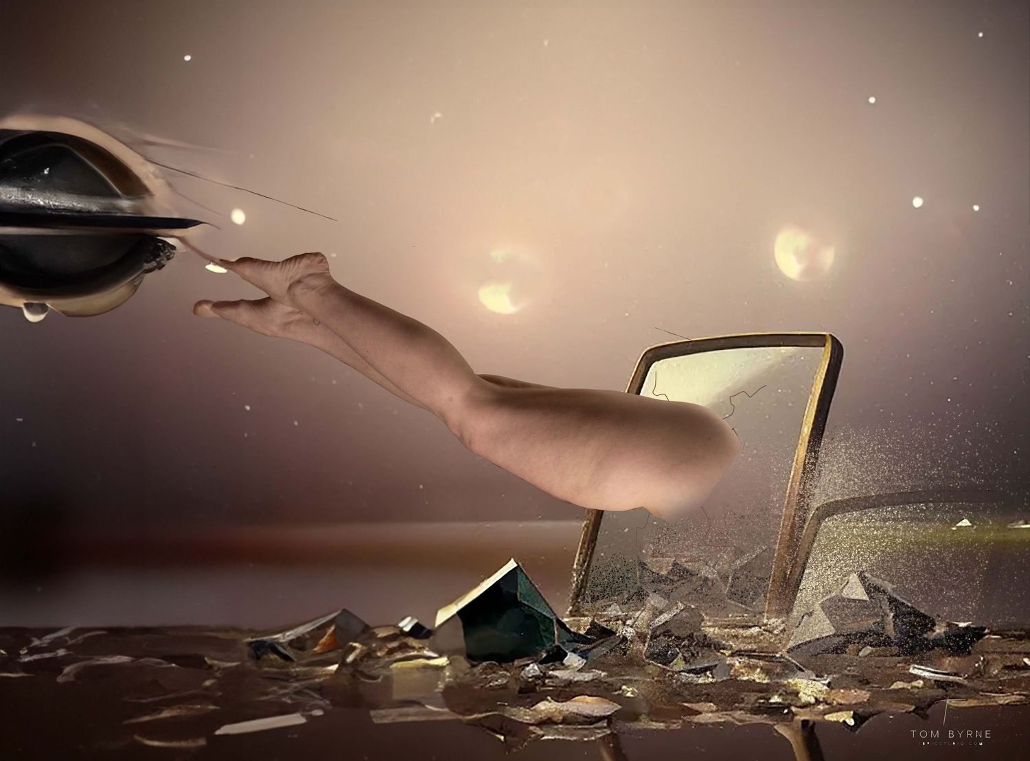 Surreal digital art of an arm reaching through a broken TV screen into a cosmic space scene with debris.