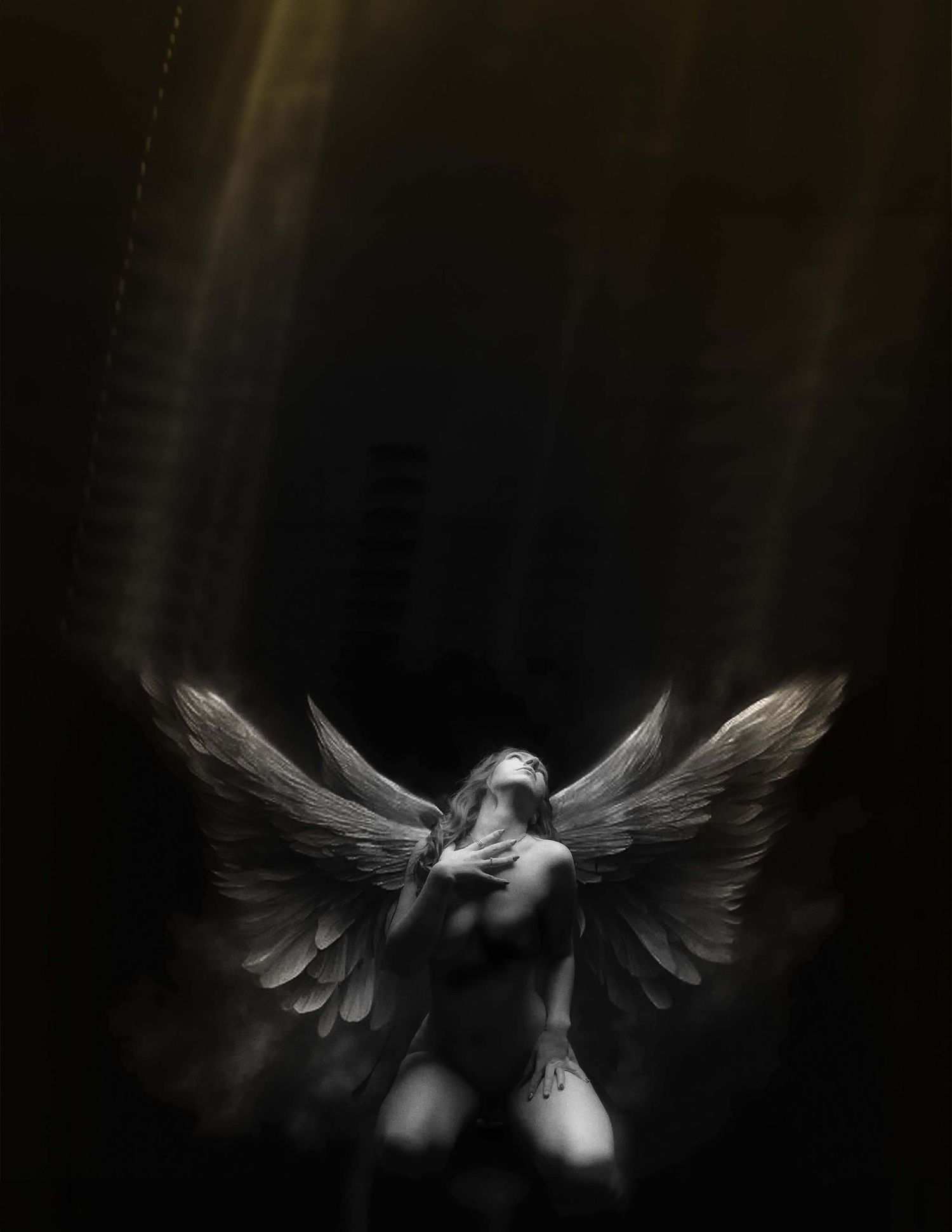 Dark angel figure with large wings kneeling in dramatic light rays, monochromatic digital fantasy art.