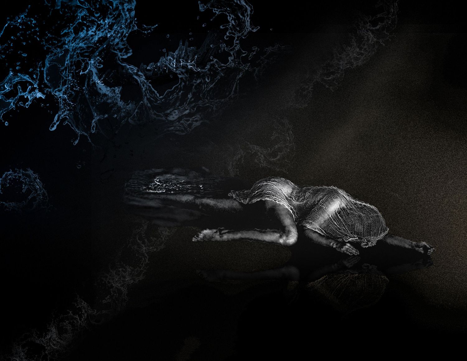 A figure lies face down on dark ground, surrounded by ethereal blue smoke and misty white swirls in dramatic lighting.