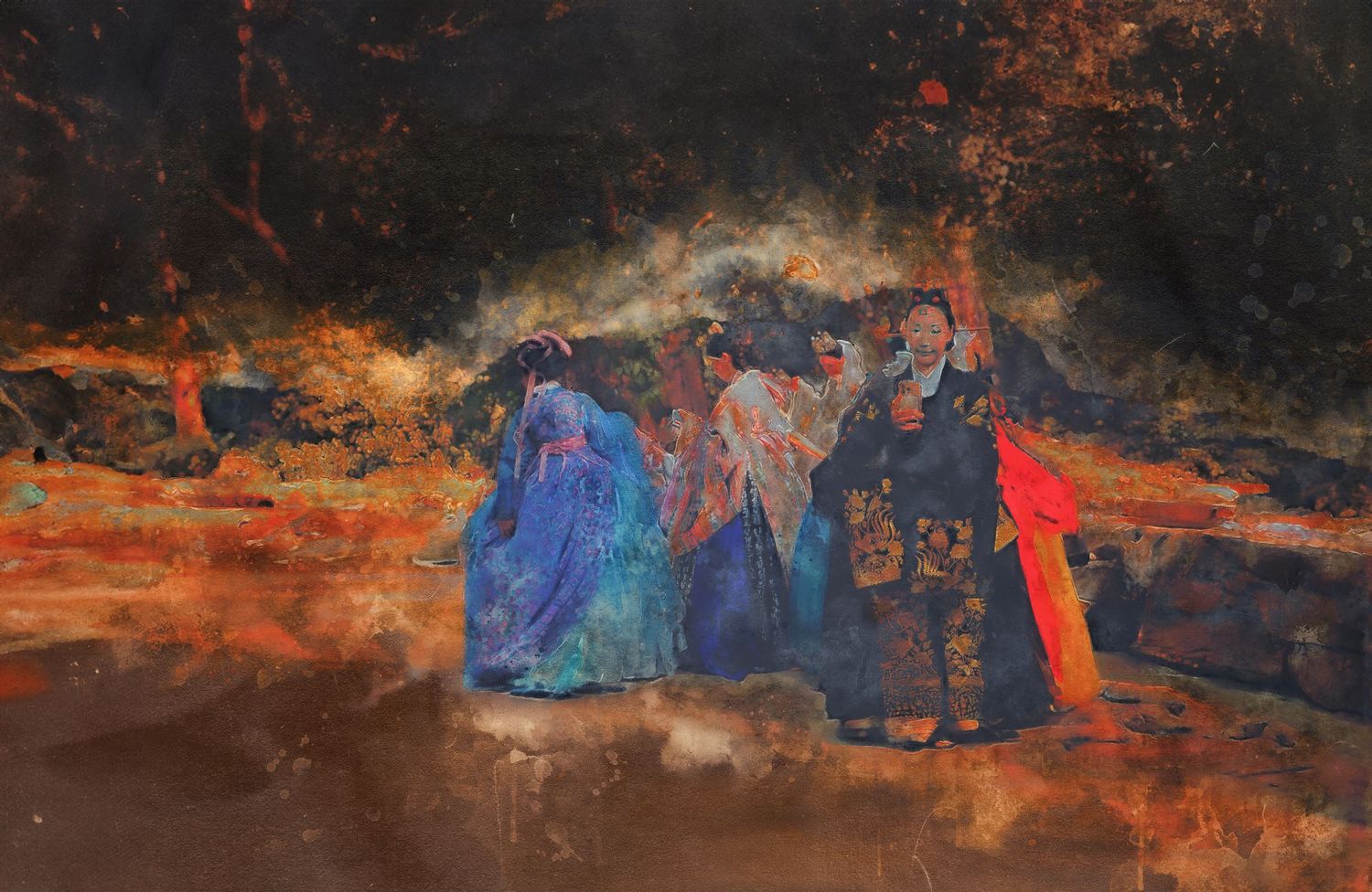 Abstract painting of figures in colorful traditional robes against a dark, fiery orange and black background.