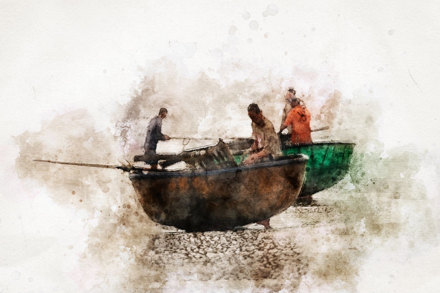 Fine art watercolor-style image of two people in a small rowing boat on water, captured in a minimalist, expressive style with soft textures