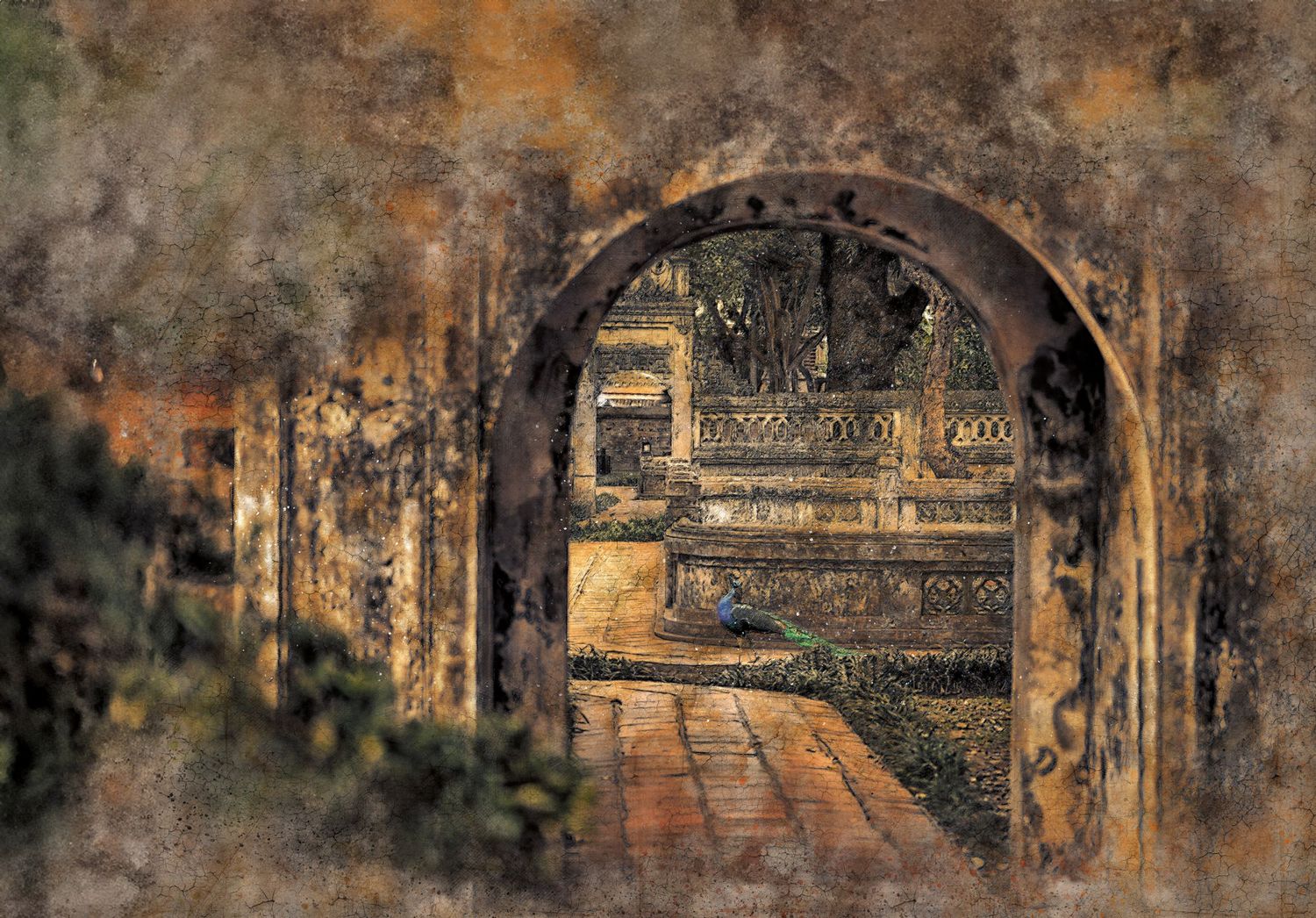 Vintage watercolor painting of an ornate stone archway leading to a sunlit garden with decorative iron gates.
