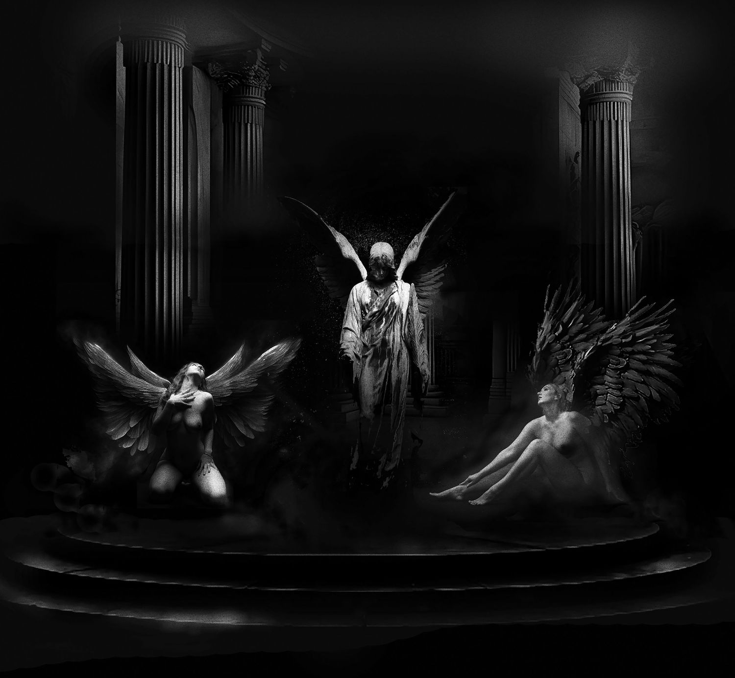 Dark gothic art featuring three angel statues on a stage with classical columns in dramatic black and white lighting.