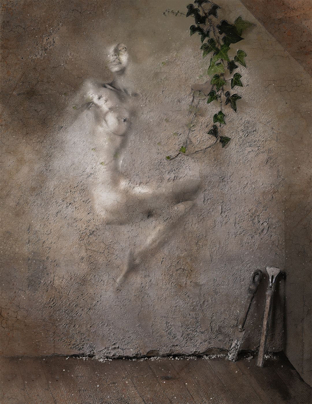Ghostly nude figure emerging from textured wall with ivy vines, surreal fine art photography.