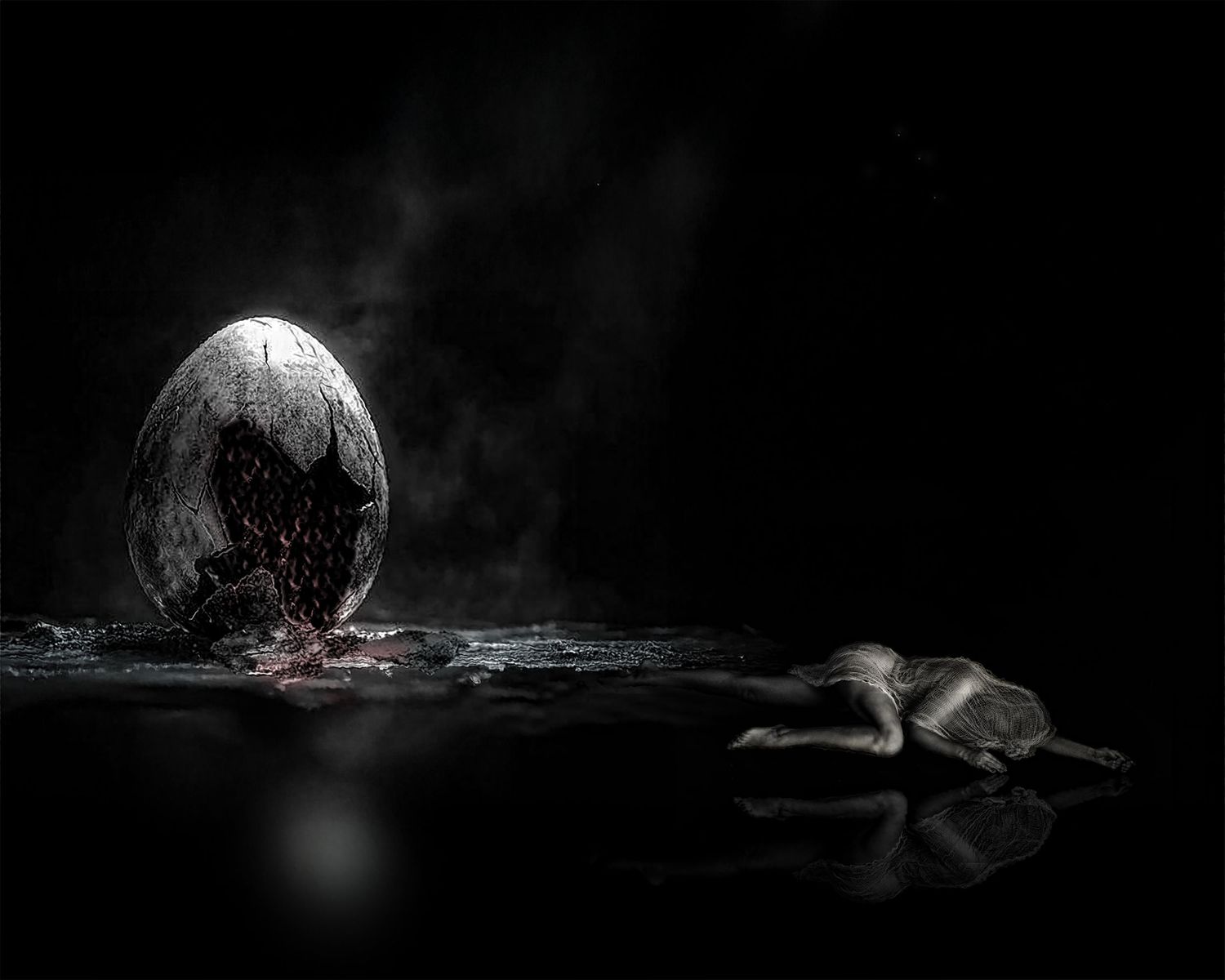 Dark fantasy scene with a cracked glowing egg and a small creature lying on a reflective wet surface.