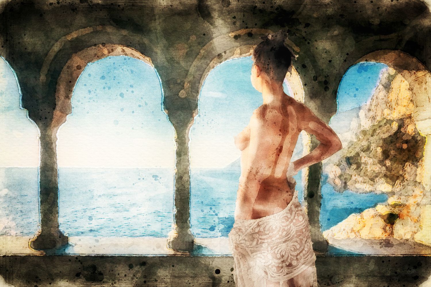 Watercolor painting of a woman standing in stone arched colonnade overlooking a serene blue ocean landscape.