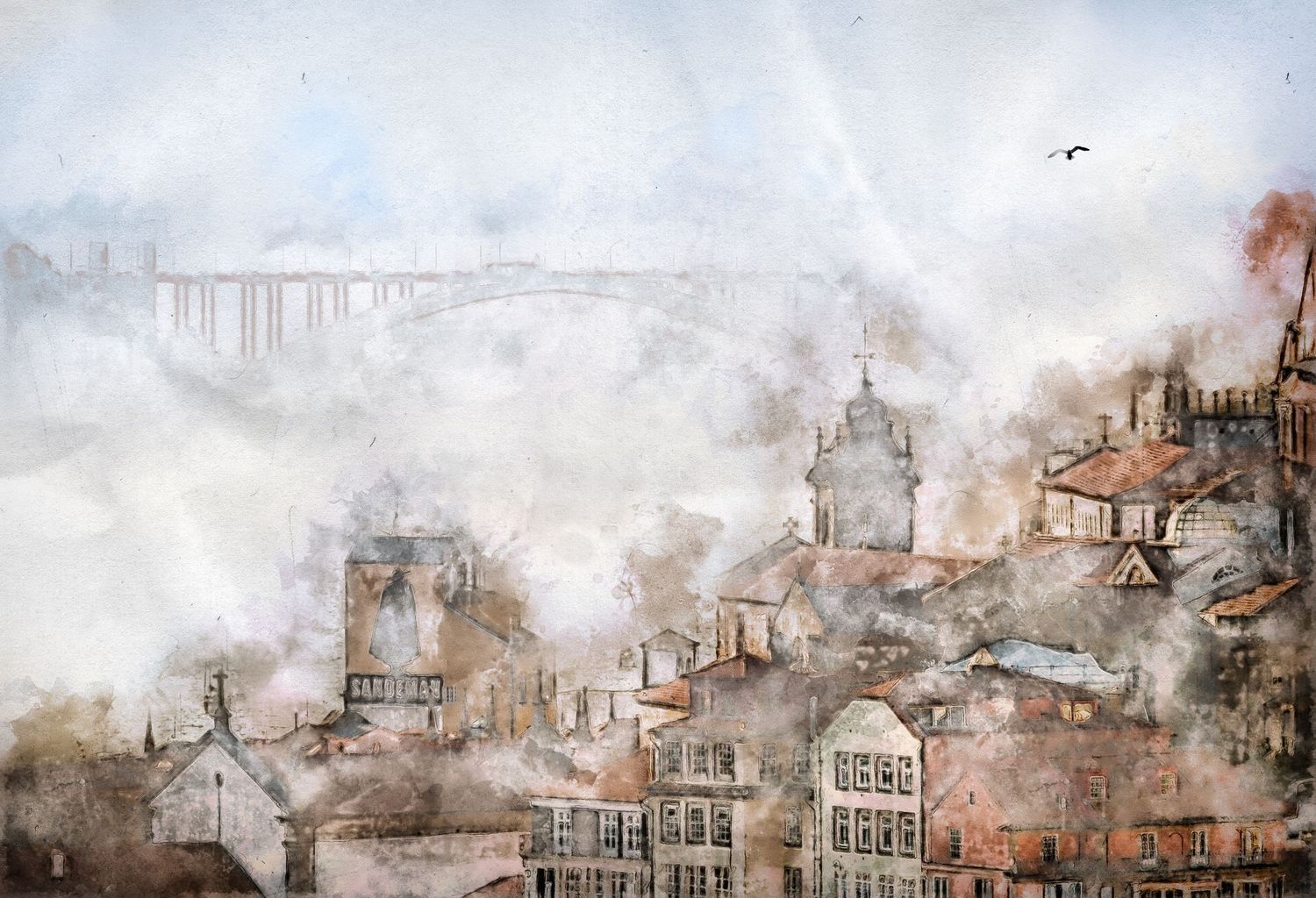 Watercolor painting of a misty cityscape with rooftops and a bridge in the foggy background.