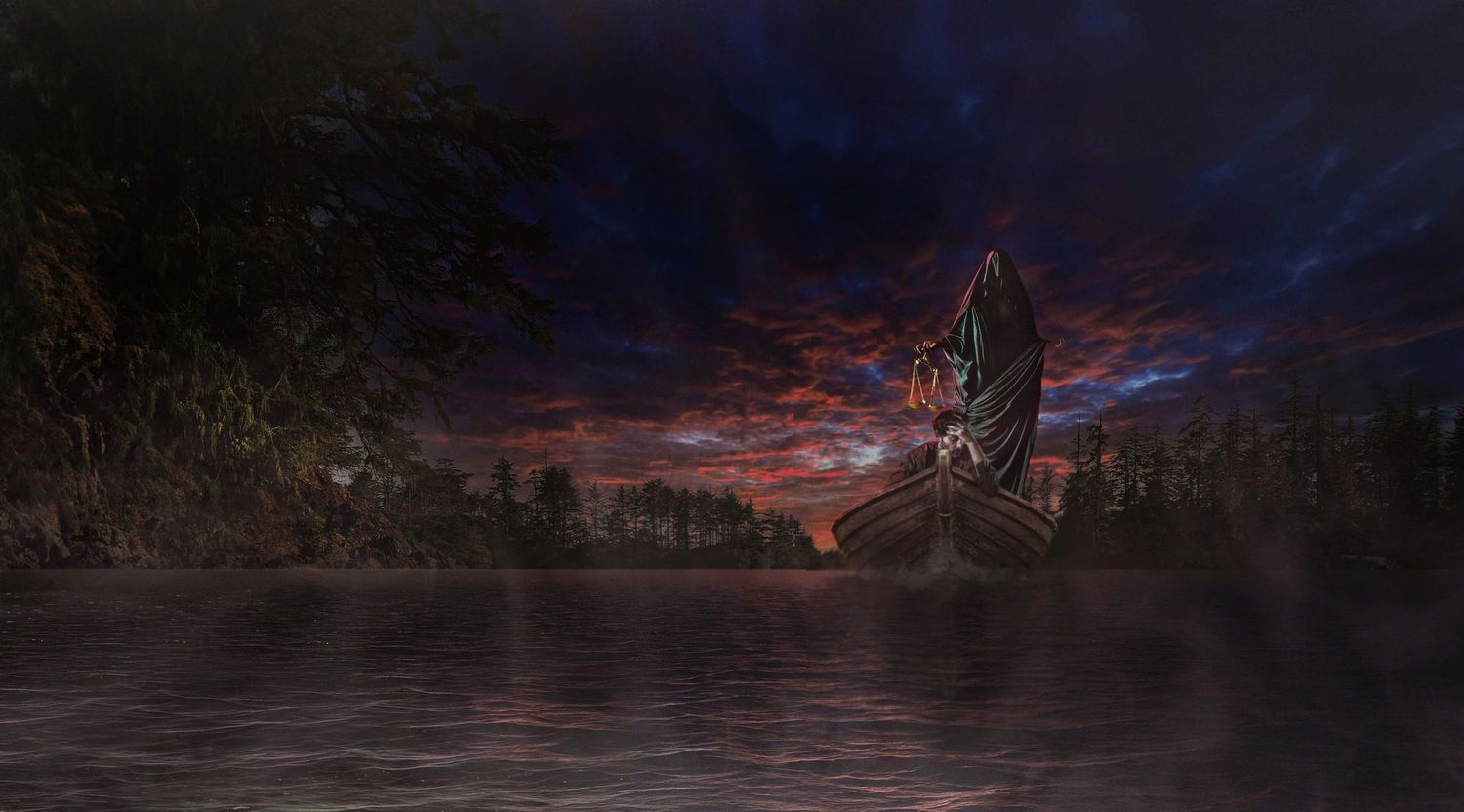 A dark fantasy scene of a wooden ship on a calm river at dusk with a dramatic red sky.