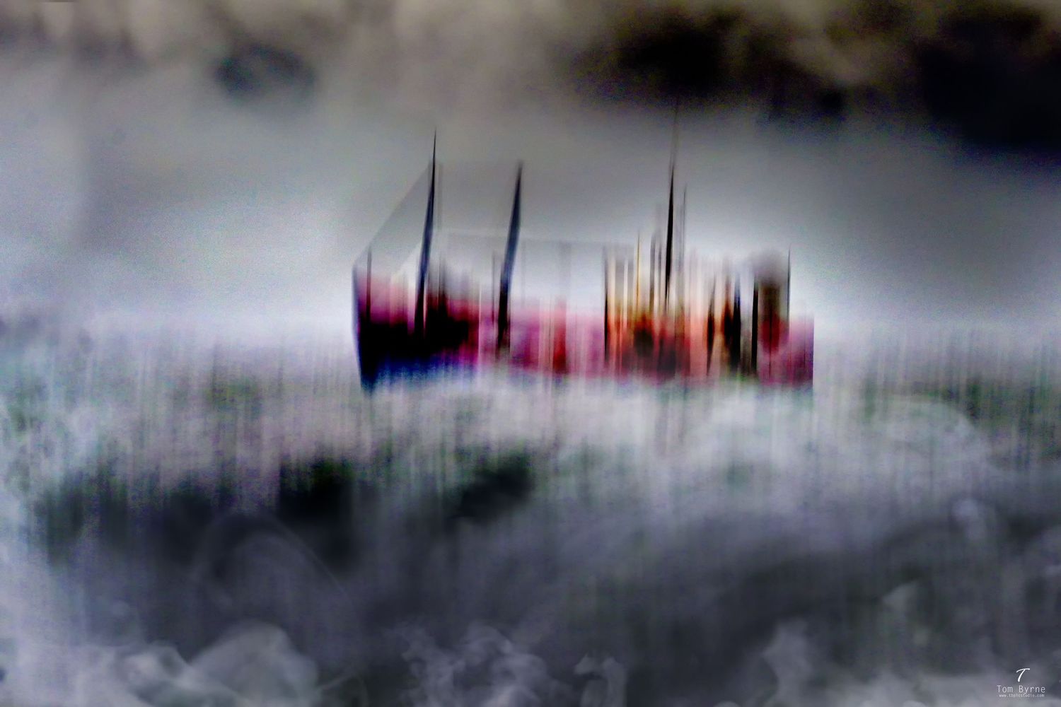 Abstract blurred ships emerging from misty fog, dreamlike digital art with vibrant colors against stormy sky.