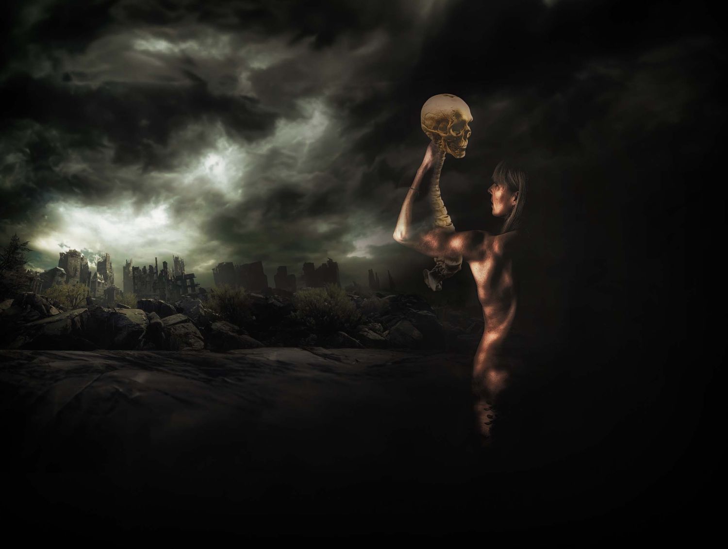 Dark fantasy art of a nude figure holding a skull aloft against a stormy sky with shadowy figures in background.
