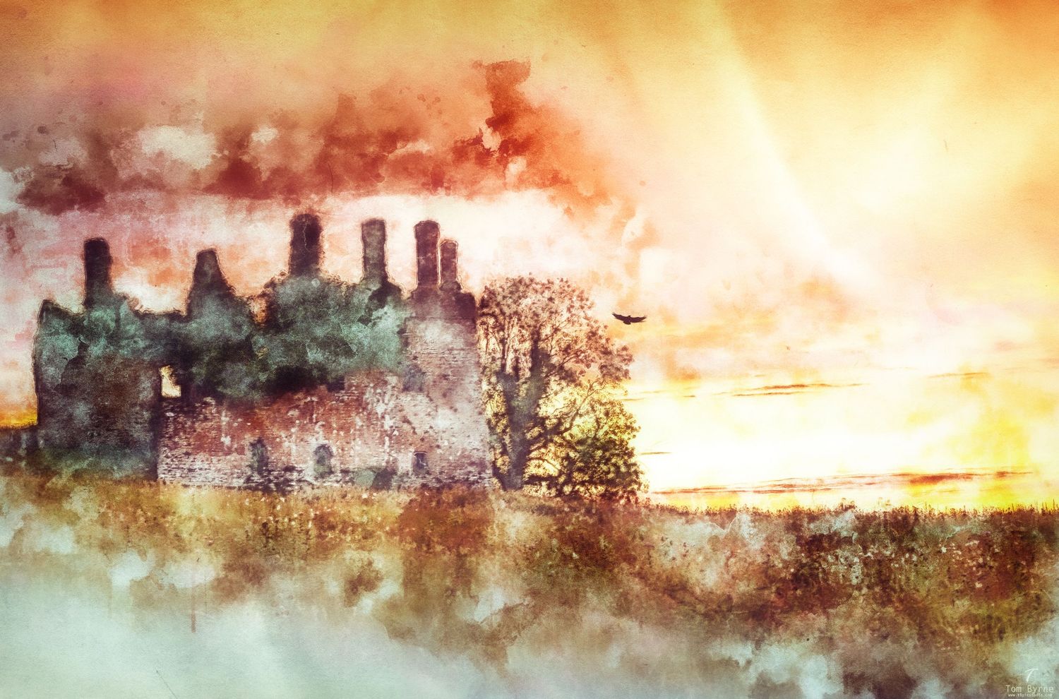 Watercolor painting of ancient ruins with tall chimneys at golden sunset, misty atmospheric landscape art.