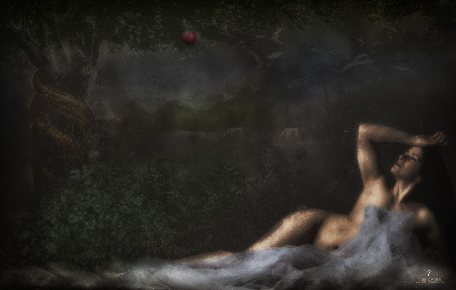 Dark fantasy digital art of a reclining nude figure in misty forest with a serpent and red apple above.