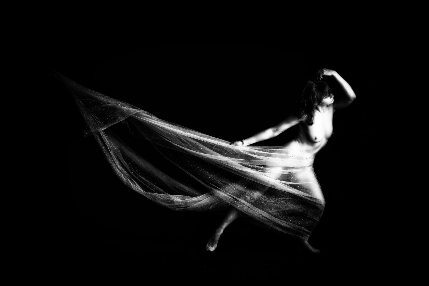 Black and white photo of a dancer gracefully moving with flowing sheer fabric against a dark background.