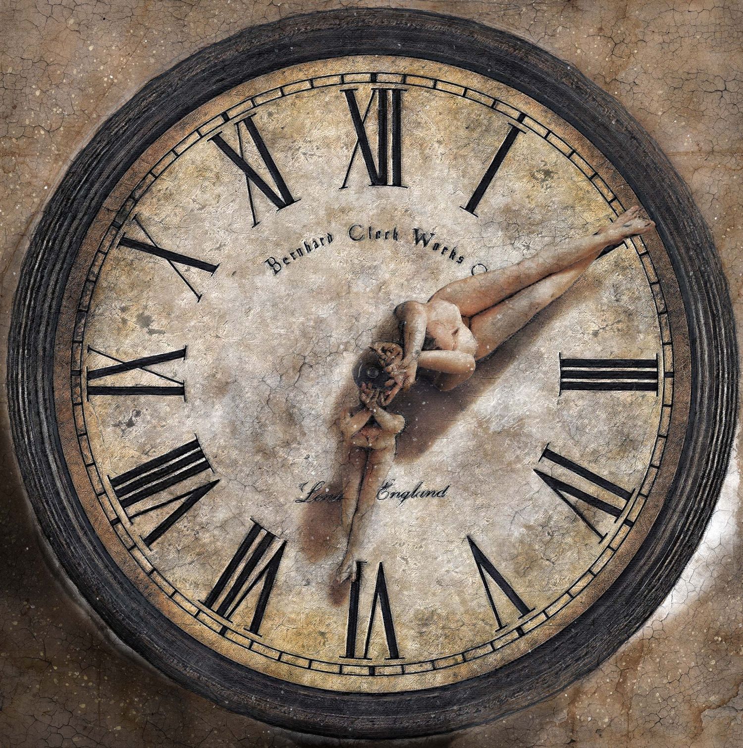 Antique clock face with Roman numerals, aged patina, and a diving figure as clock hands.