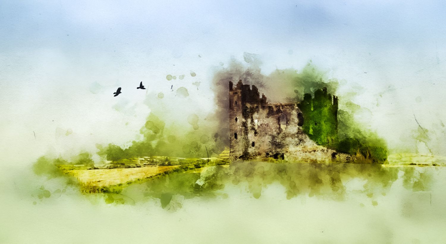 Watercolor painting of an ancient misty castle ruins surrounded by lush green trees with birds flying overhead.