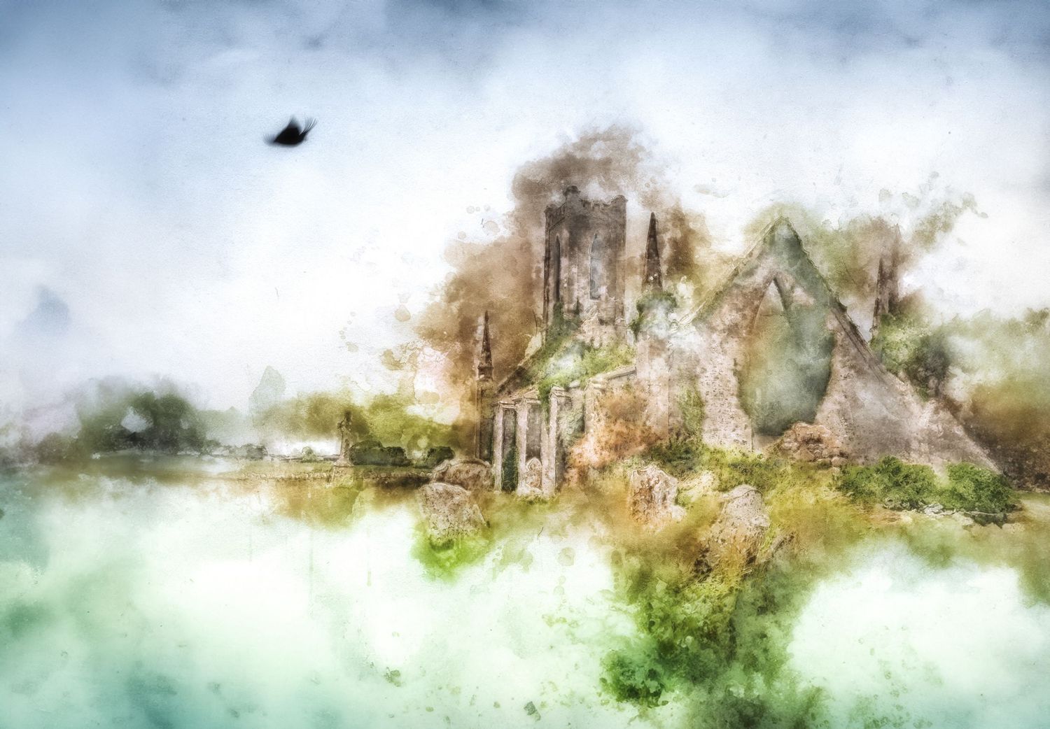 Watercolor painting of ancient ruins surrounded by lush greenery and misty atmosphere with a bird flying overhead.