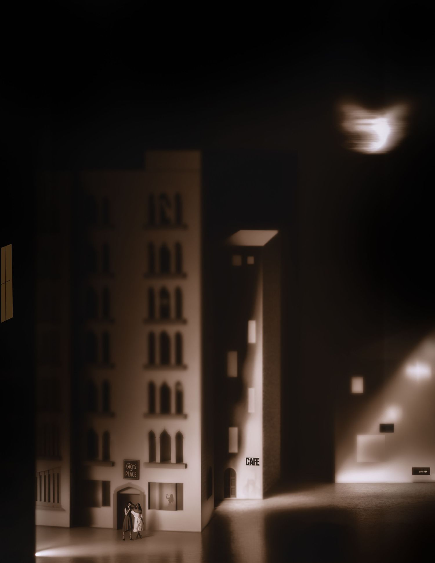 Moody nighttime cityscape with illuminated buildings, a cafe sign, and a glowing moon in a dark sepia-toned sky.