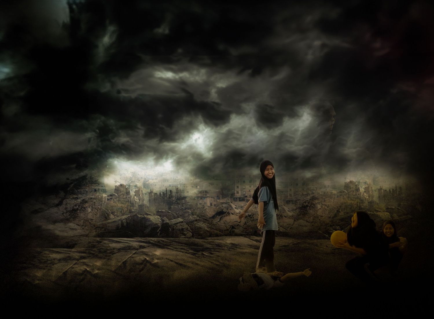 A lone figure stands amid a dark, apocalyptic landscape under dramatic stormy skies with ruins in the background.