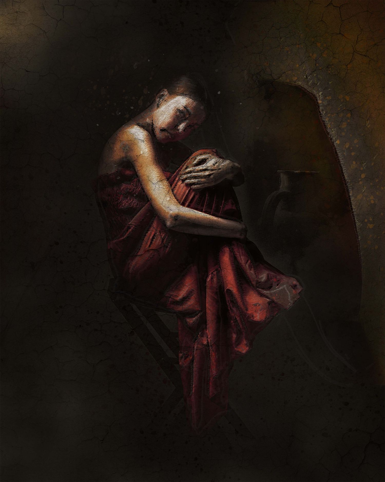 A figure in a flowing red robe with dark wings sits in a contemplative pose against a moody, dark background.