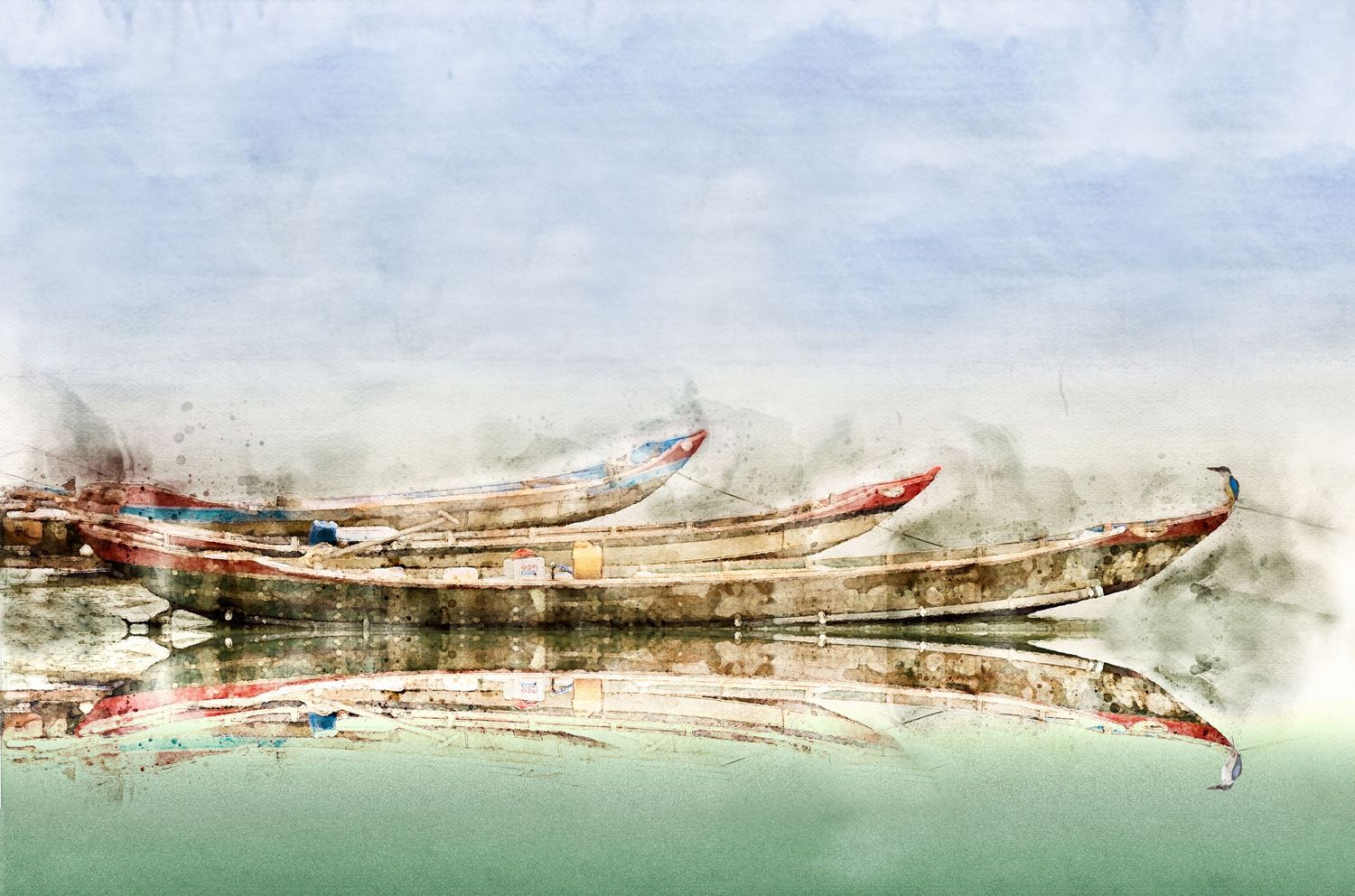Watercolor painting of two weathered wooden boats reflected on calm green water with a soft misty background.