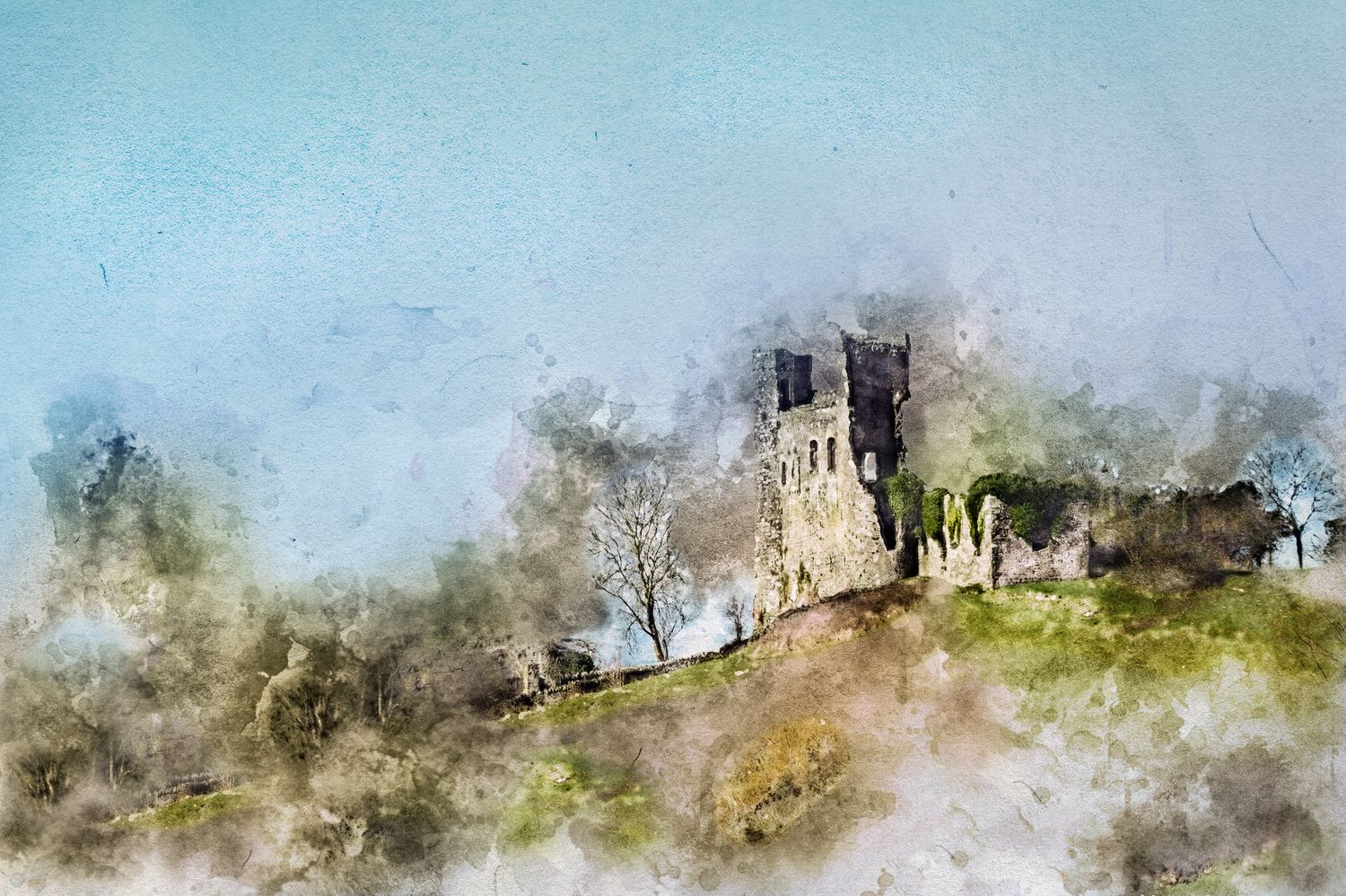 Watercolor painting of a medieval castle tower on a hill surrounded by trees and ruins under a soft blue sky.