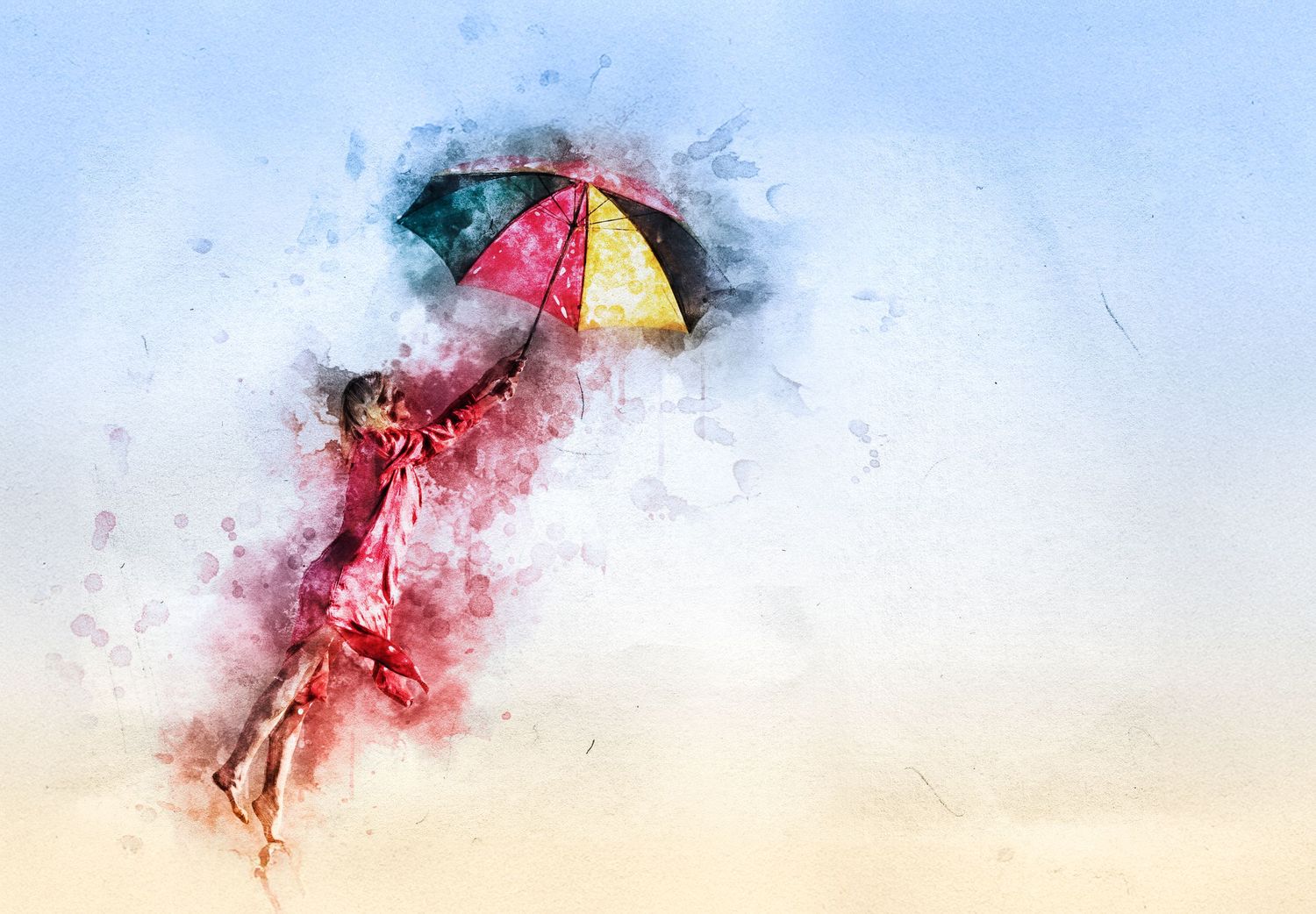 Whimsical watercolor painting of a girl in red dress floating with colorful umbrella against blue sky.