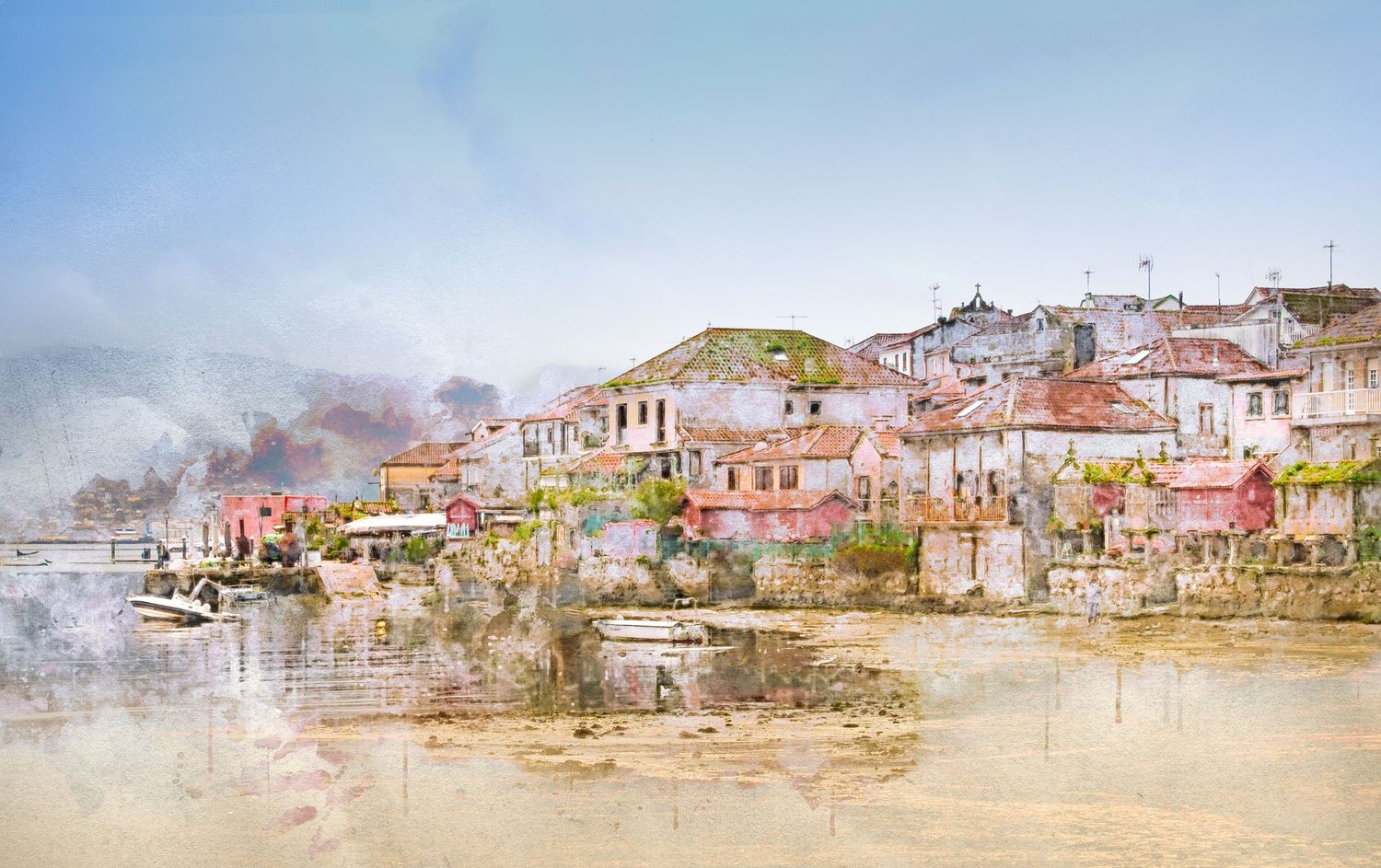 Watercolor painting of a colorful Mediterranean hillside village with pastel buildings beside a calm river.