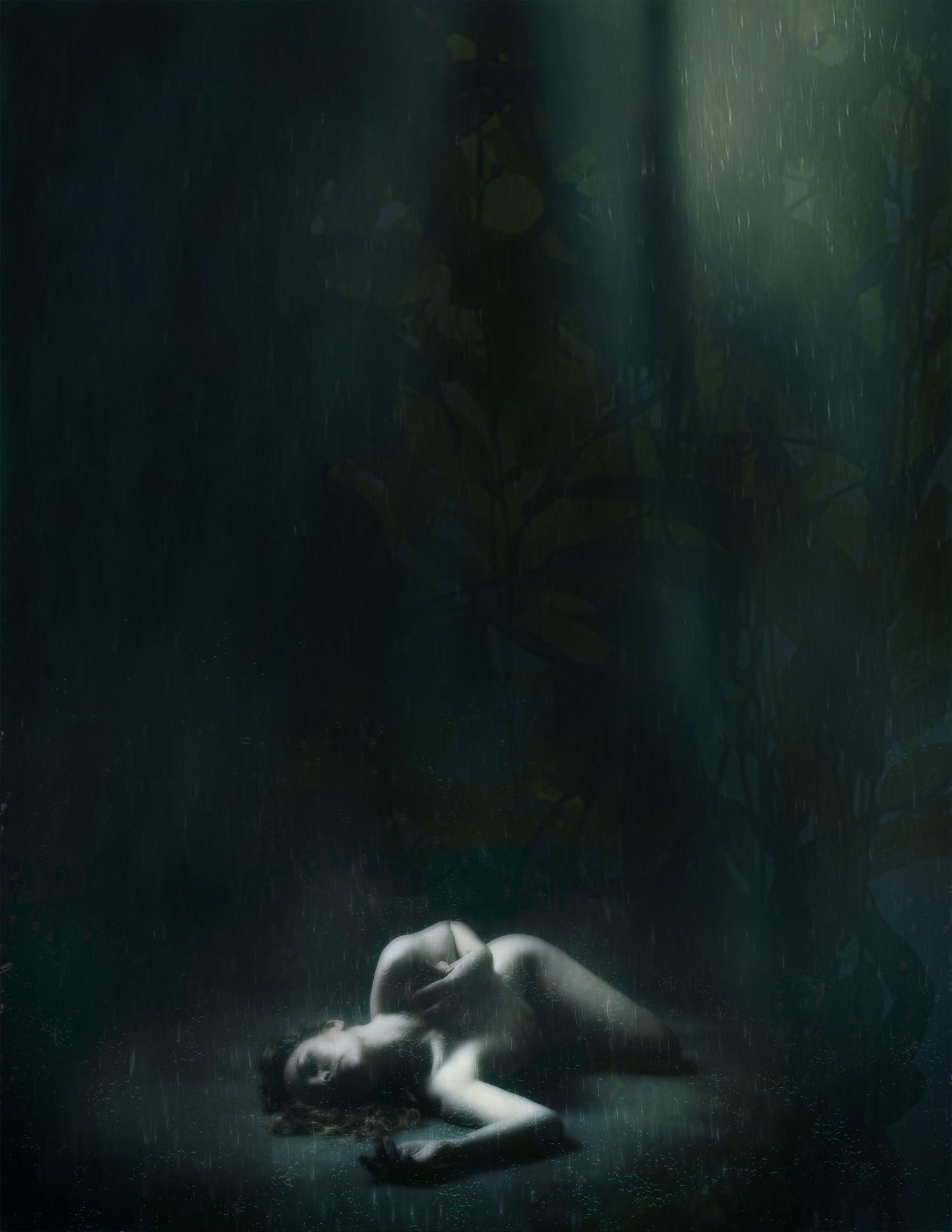Dark atmospheric painting of a reclining nude figure on a shadowy floor with moody teal tones and soft light.