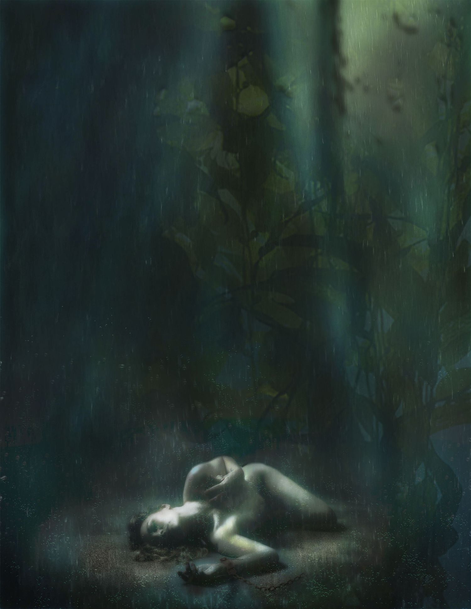 A figure lies curled on a forest floor in a dark, moody painting with ethereal light filtering through tall plants.