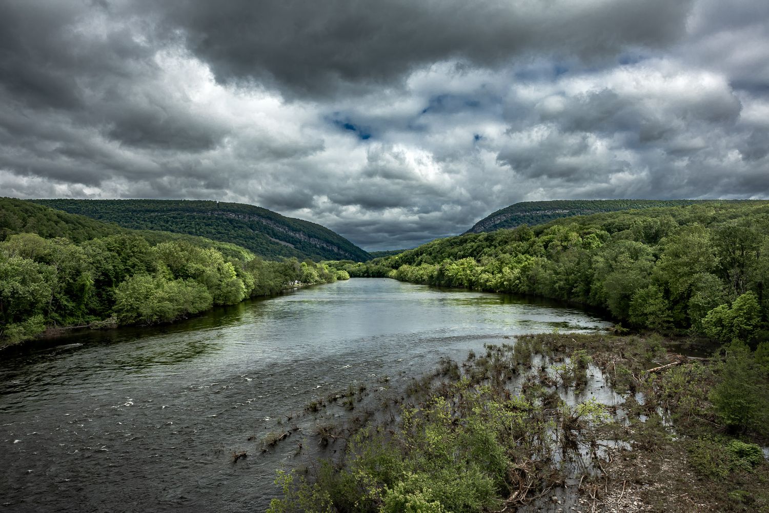 View of the Delaware River cutting through the Delaware Water Gap National Recreation Area, photographed from an old aqueduct near Portland,