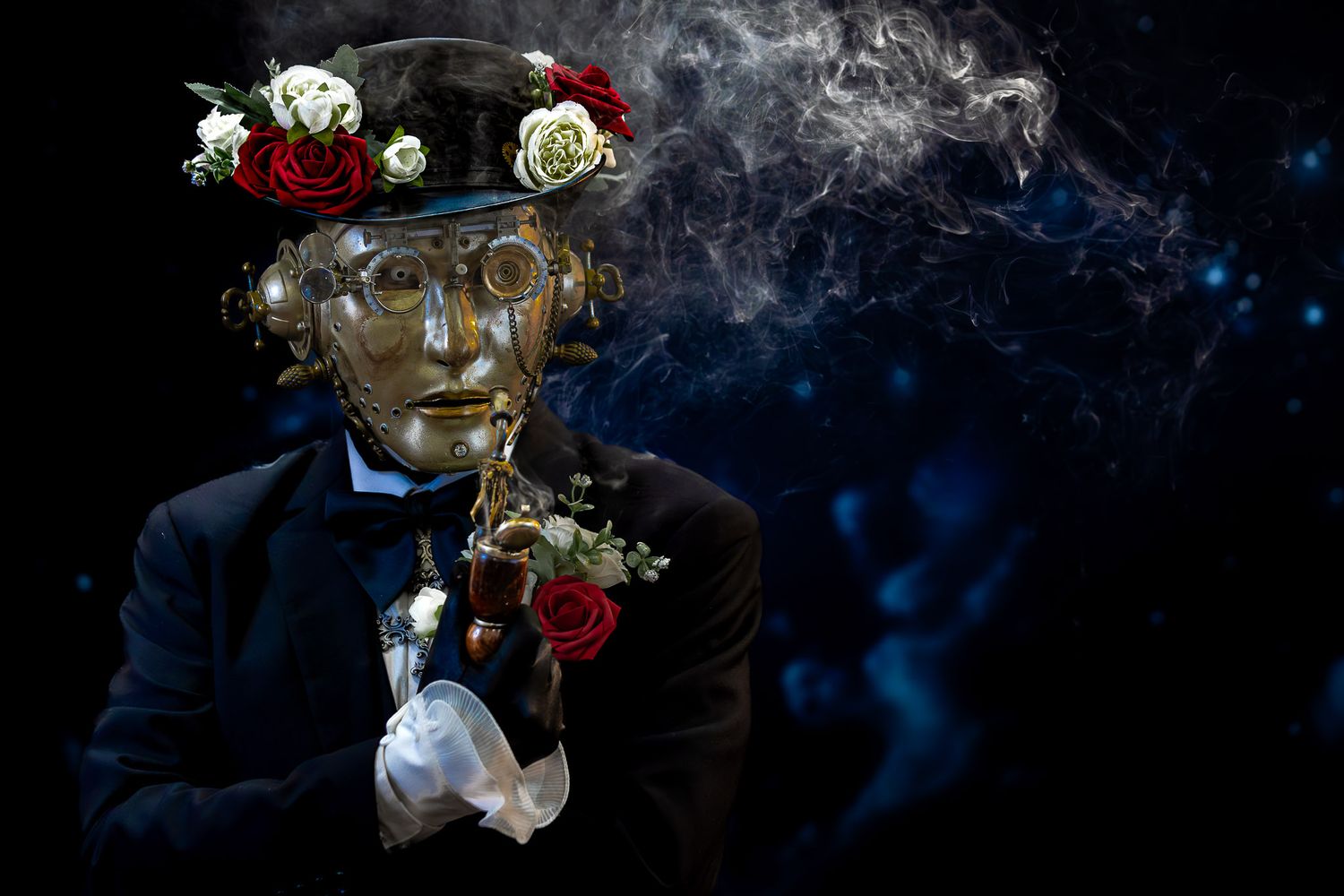 Steampunk portrait of masked figure in Victorian attire with roses and smoke, fine art studio photography