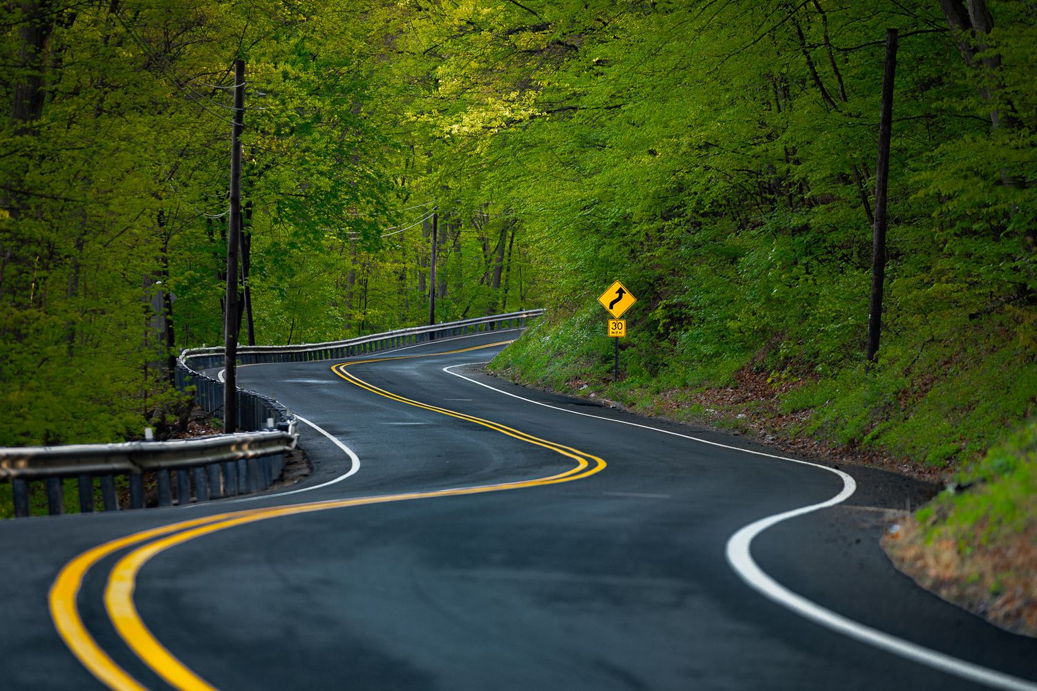 Curving road along Hope Road bordered by lush green summer foliage in a quiet landscape in Hope, New Jersey.