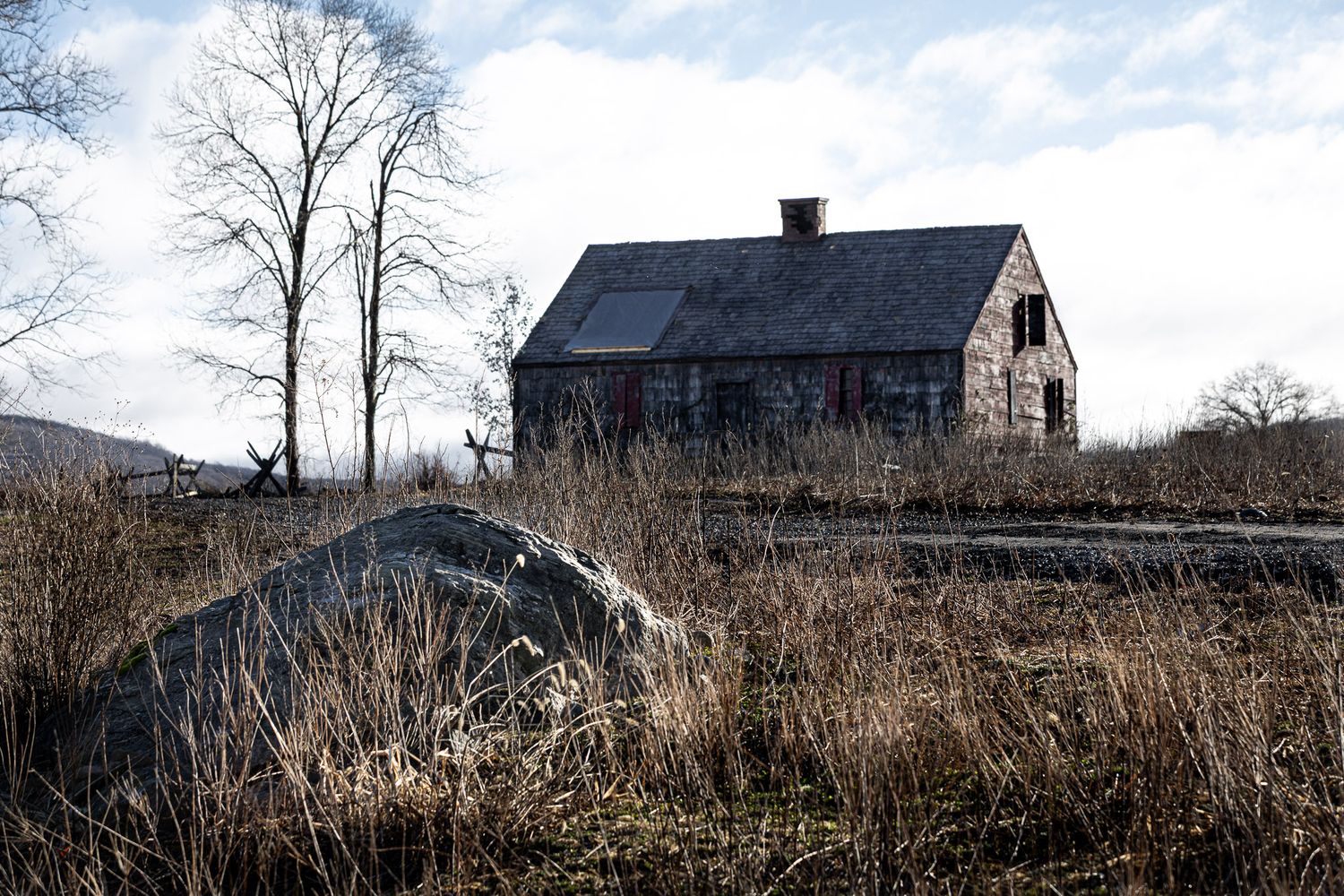 Temporary farmhouse film set in Great Meadows, New Jersey, photographed in winter field