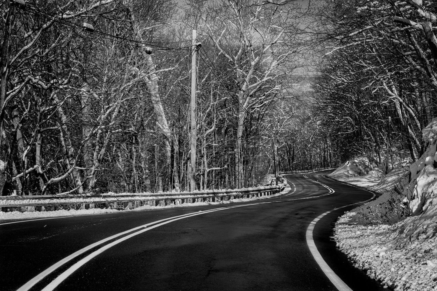 Curving road on Hope Road lined with snow-covered trees and guardrails in a quiet winter scene in Hope, New Jersey.