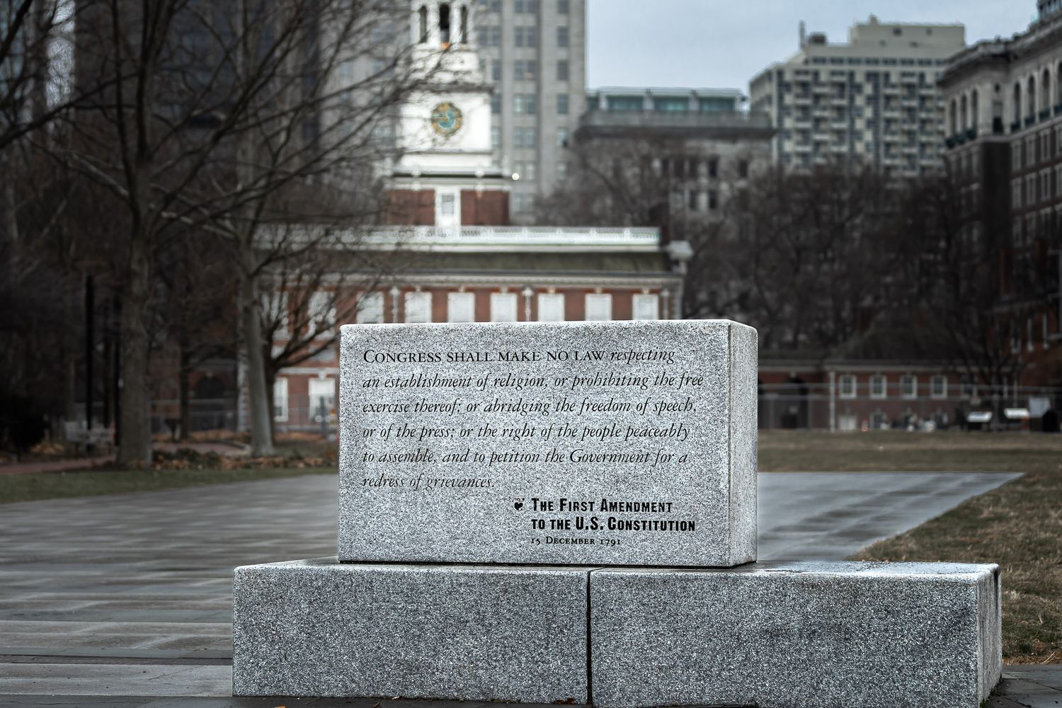 First Amendment monument at Independence Hall in Philadelphia Pennsylvania