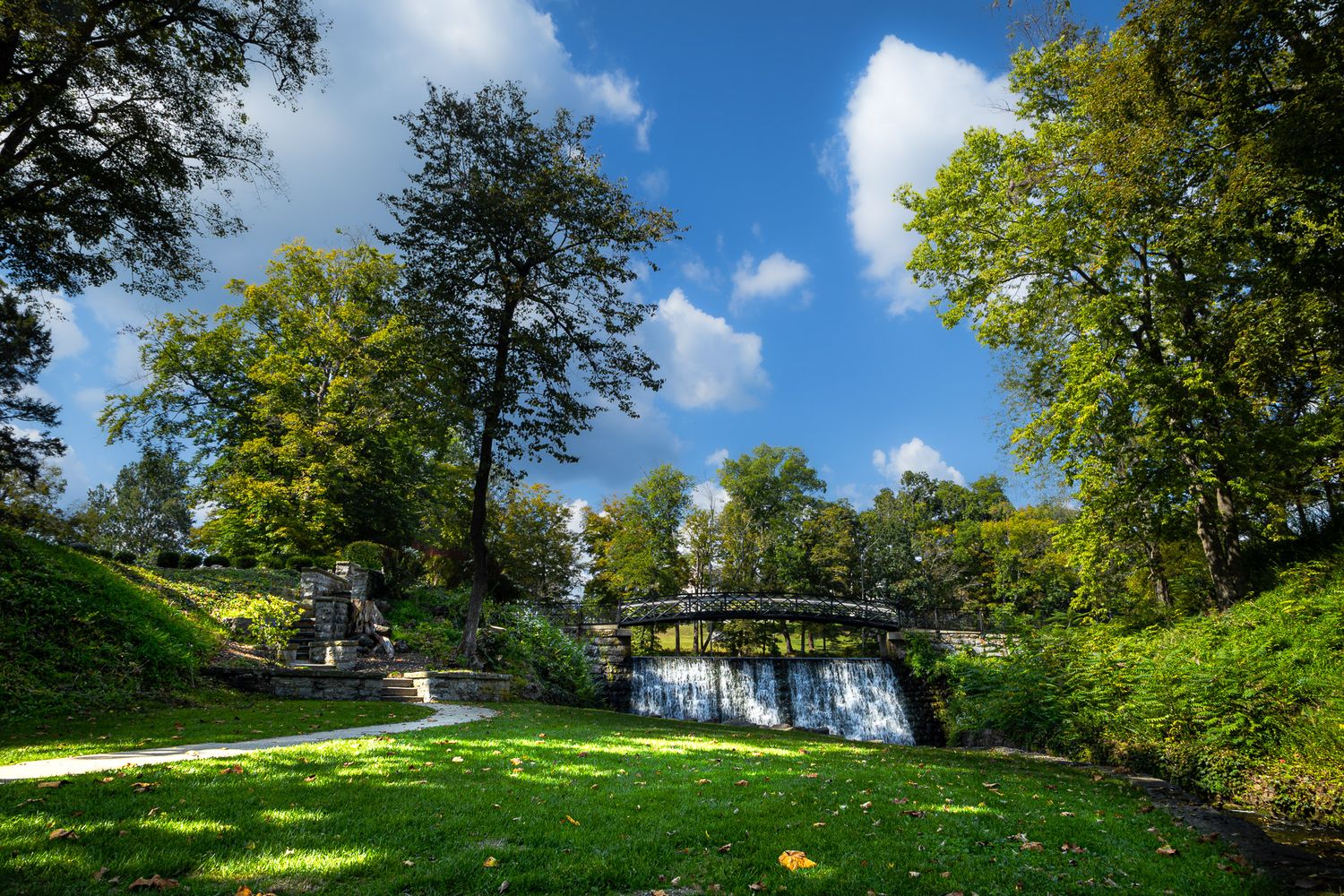 Waterfall and stone bridge on the Blair Academy campus in Blairstown, New Jersey.