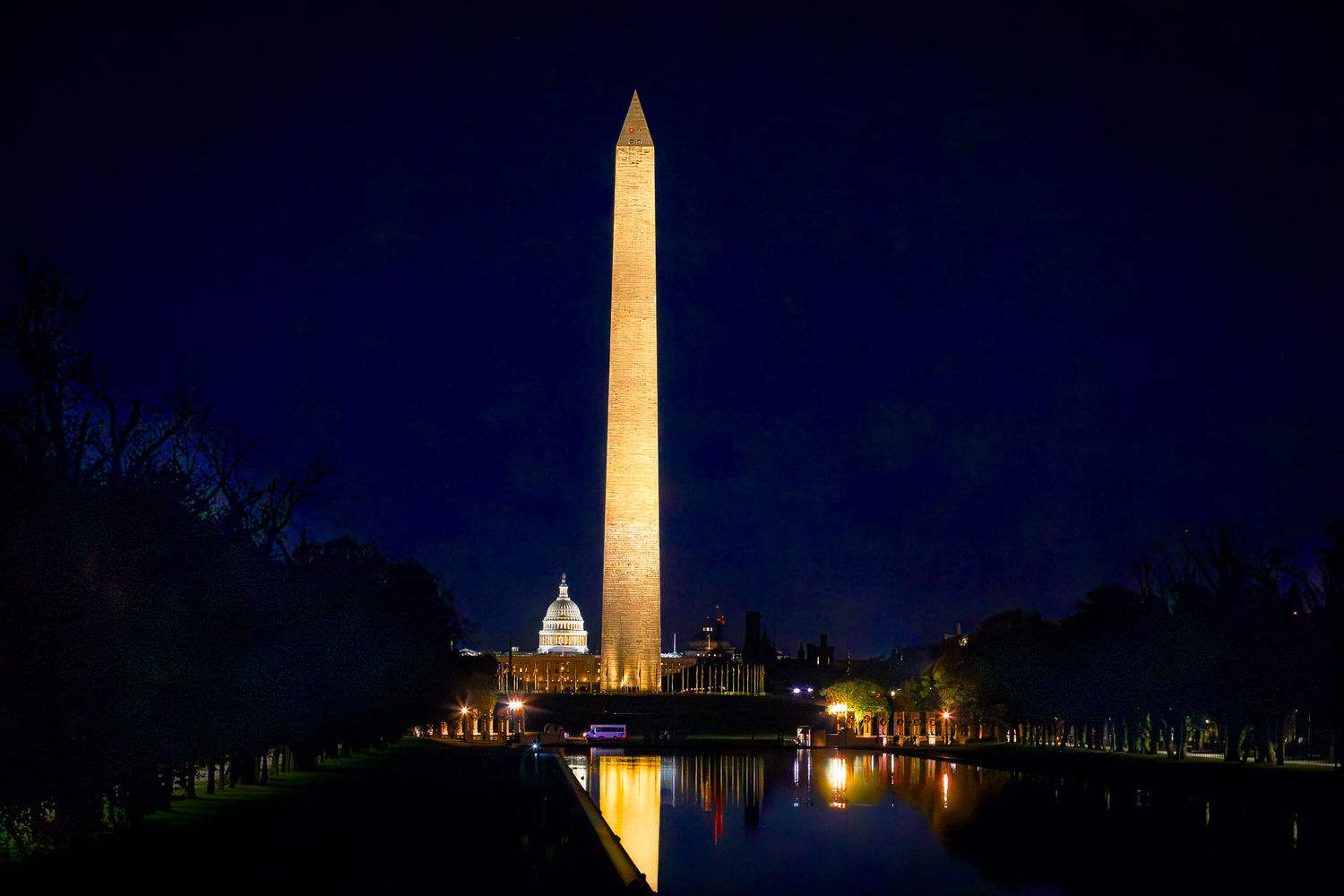 Washington Monument reflected in the Lincoln Memorial Reflecting Pool with the US Capitol at night