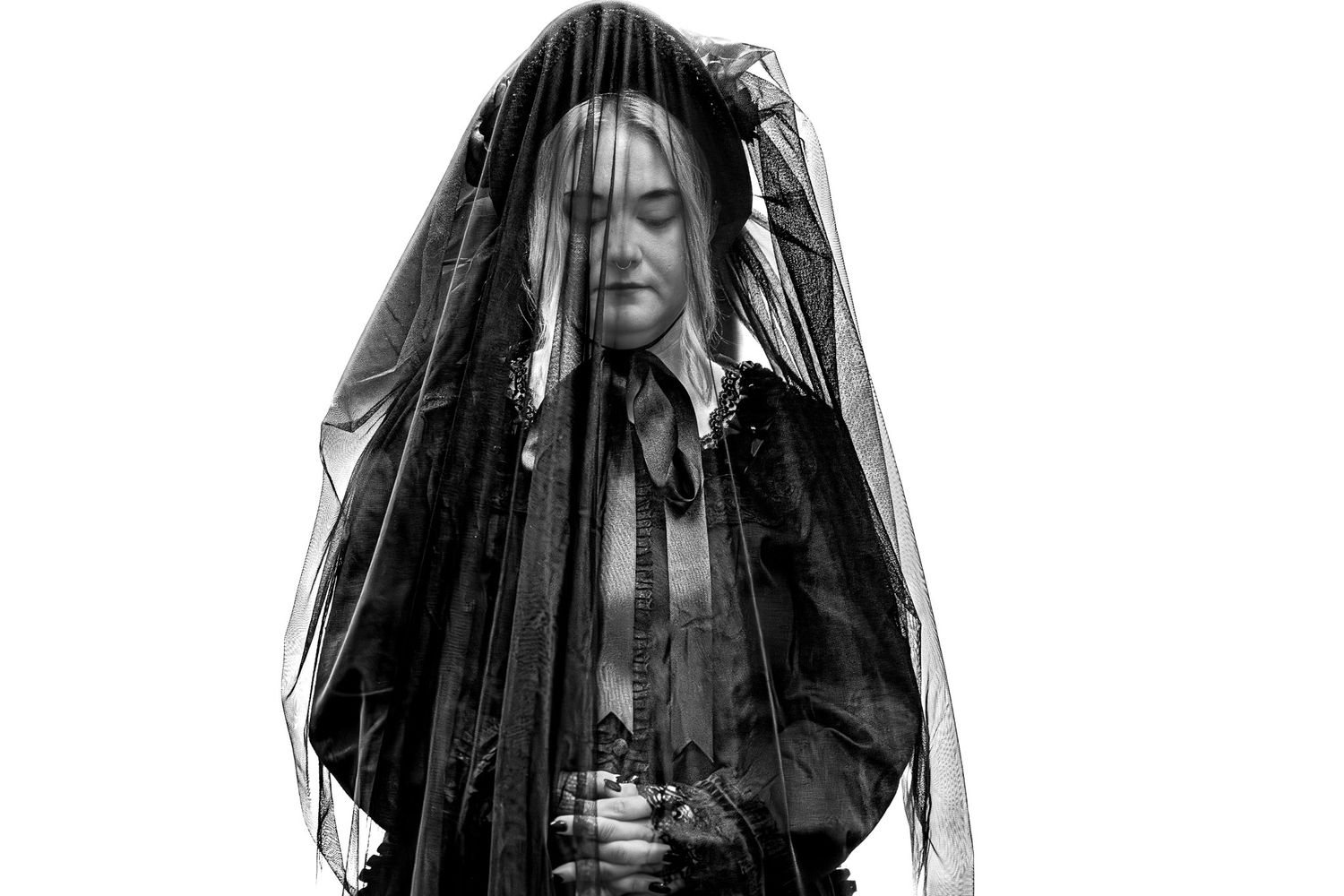 Portrait of woman in black Victorian mourning dress at Victorian Day event in Belvidere, NJ