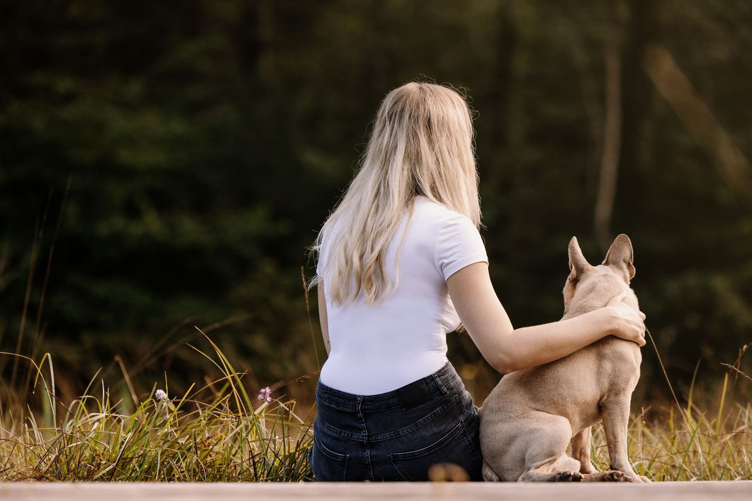 Person and French Bulldog sitting together on wooden deck at sunset.
