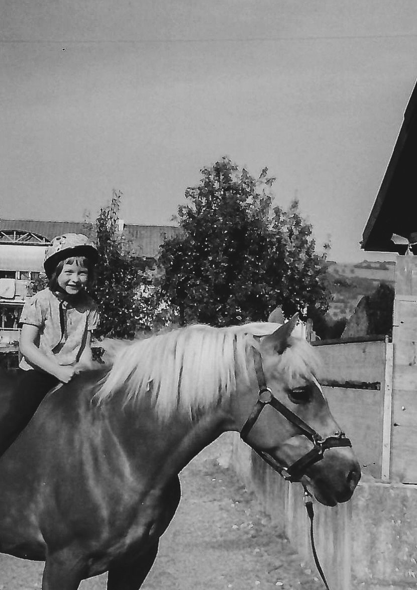 Black and white photo series showing a horse being mounted from different angles.