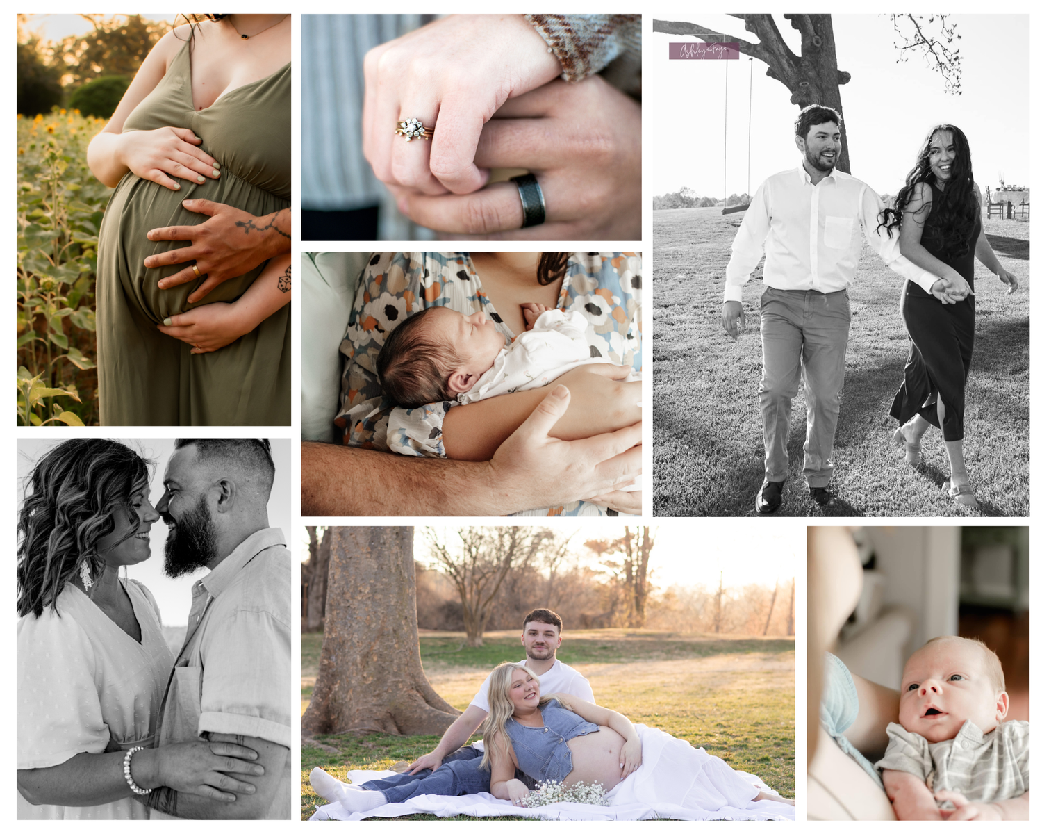 A heartwarming photo collage featuring maternity, newborn, and couple portraits celebrating a growing family.