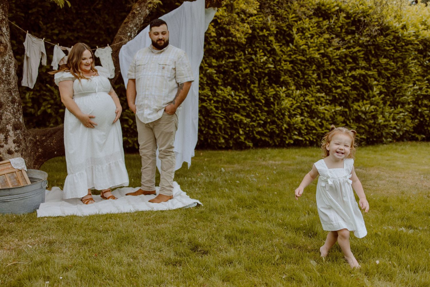 A collage of an outdoor maternity photography moments showing white dress details and candid interactions in a garden setting.