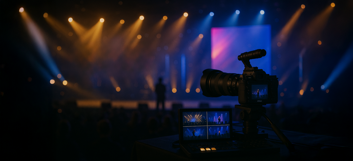 Concert stage with dramatic blue lighting and silhouetted equipment creating an atmospheric performance environment.