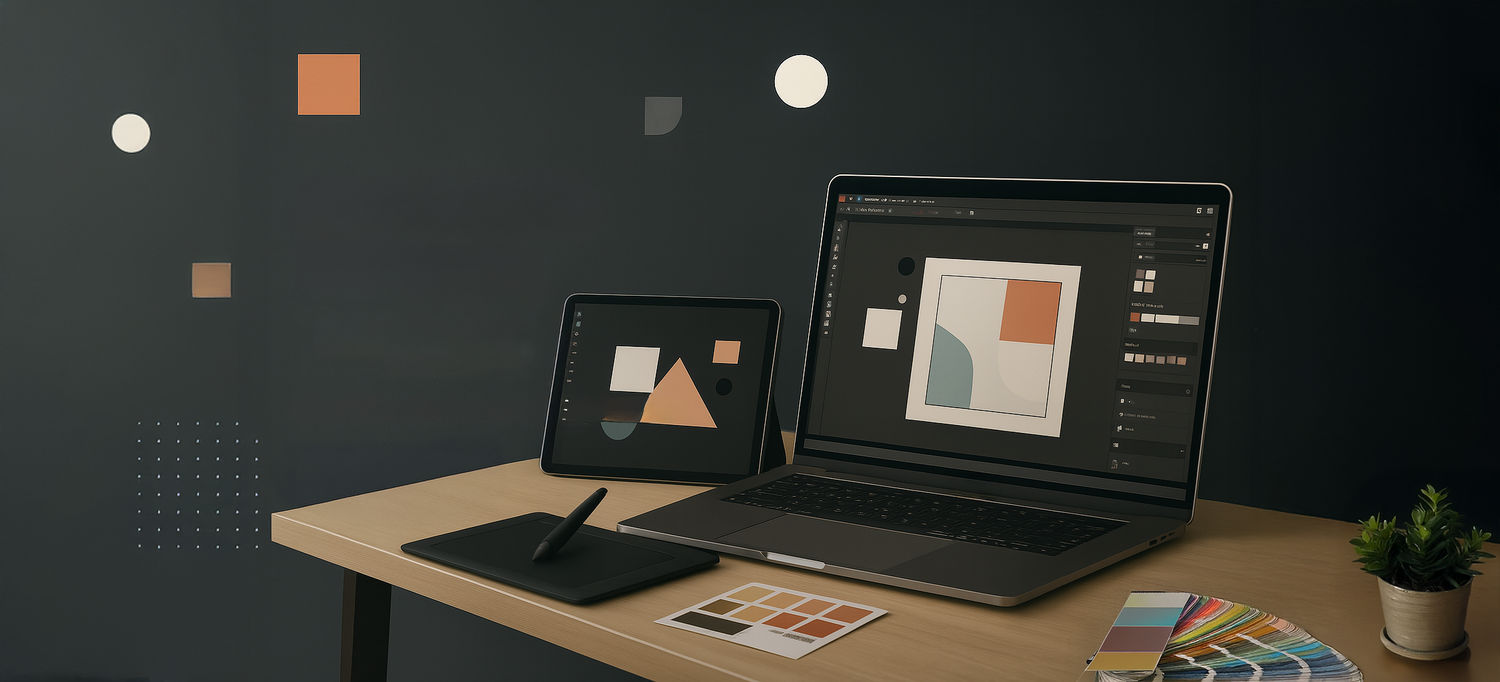 Minimalist desktop workspace setup with geometric shapes against a dark background.