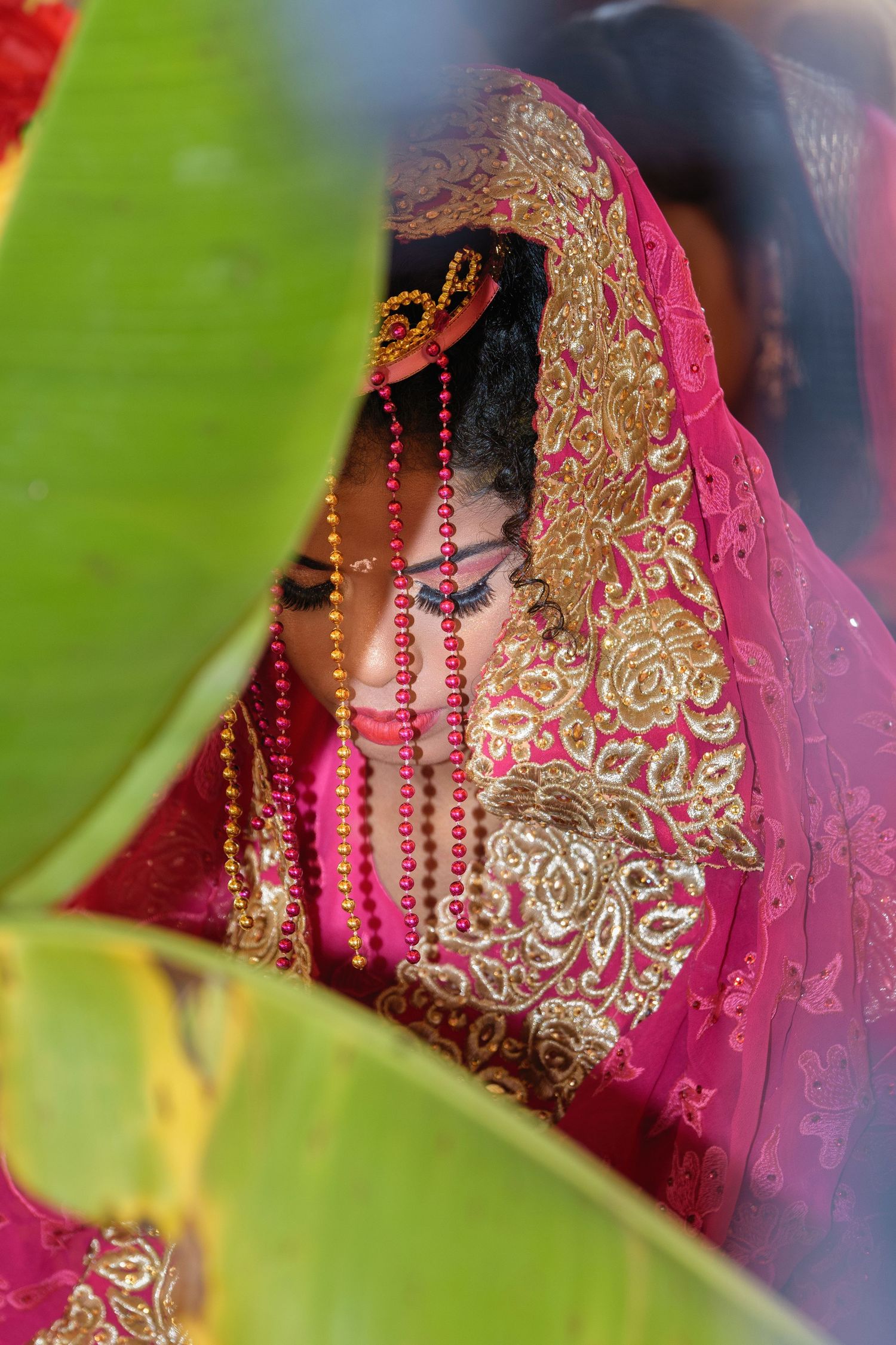 Close-up of intricate gold embroidery on pink wedding attire through green foliage.