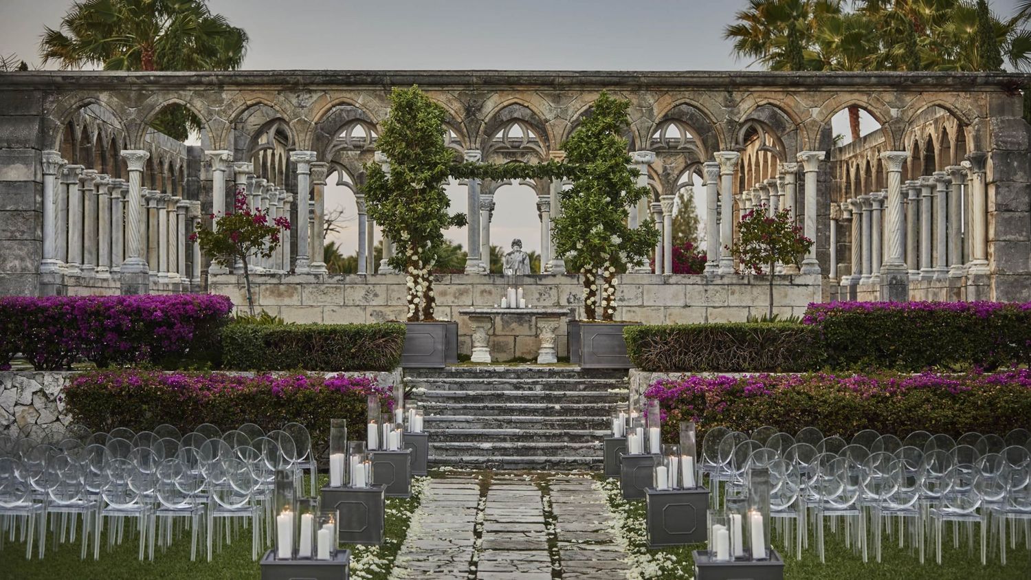 Panoramic collage of an elegant outdoor wedding venue with stone architecture, white chairs, and blooming flowers.